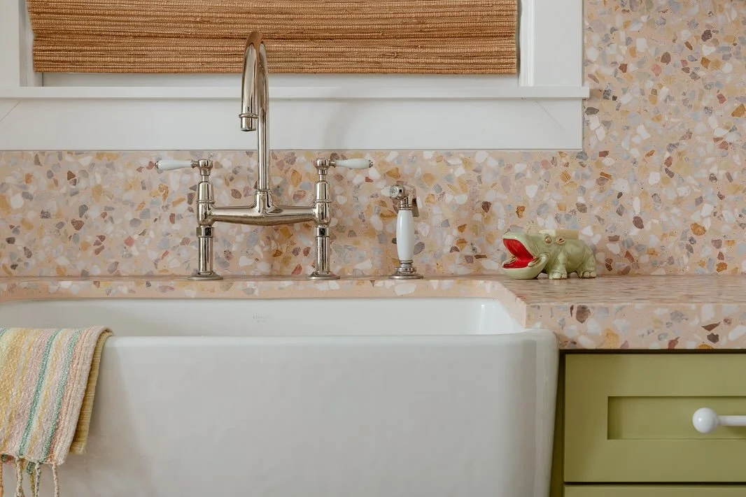 Our Campus Kitsch kitchen. The inspiration: Joy, the colors of a sunrise 🌞 and the floors from a cafe in the UK. This space went through several iterations to get to this joyous space. I&rsquo;ve never loved celery green and a pastel palate so much!