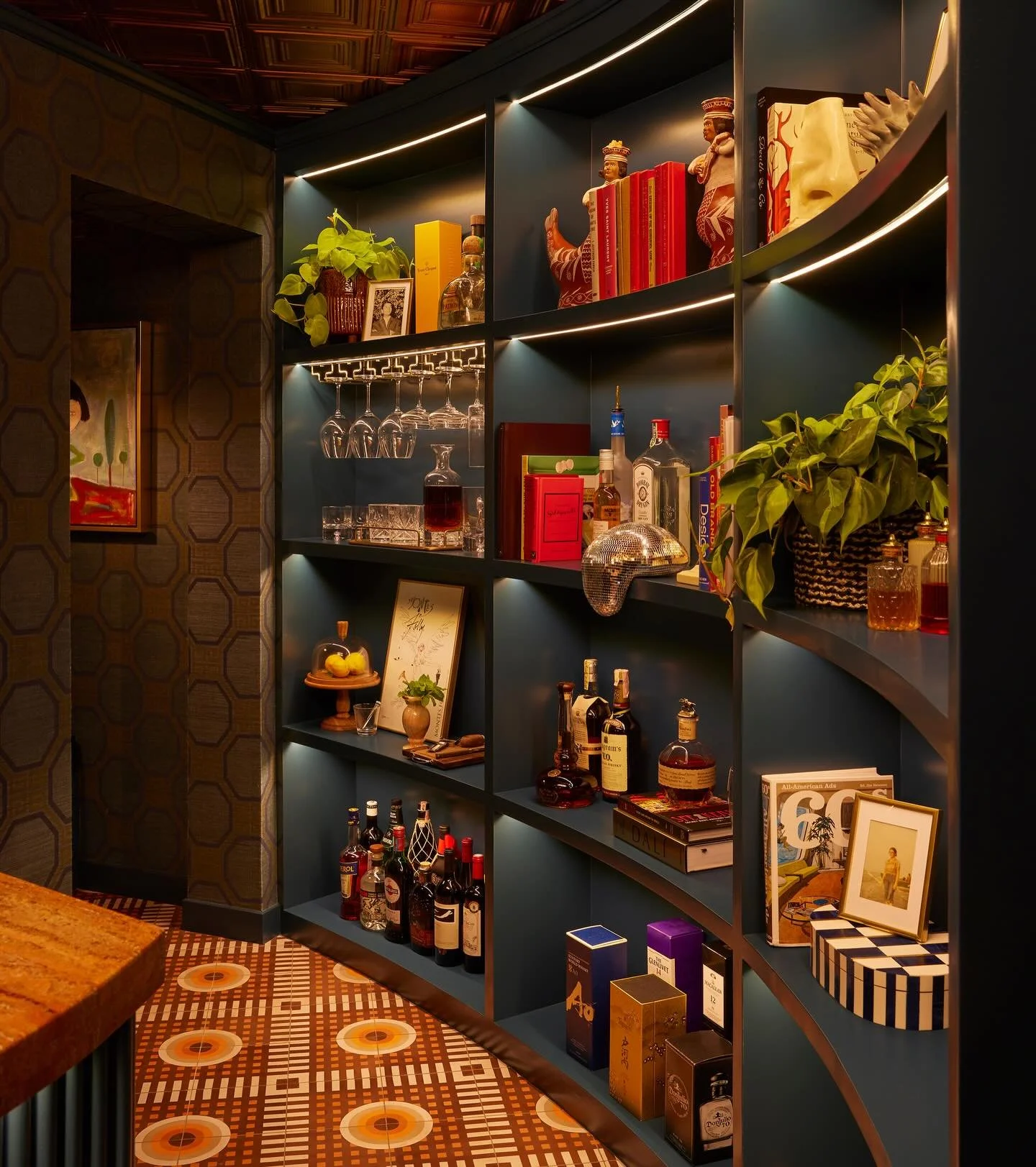 Le Bar Mayor, a residential basement speakeasy &amp; guest suite. No right angles and maximizing every square inch possible. We were able to reconfigure the floor plan of the bathroom in order to squeeze in a secret work nook behind the bar complete 