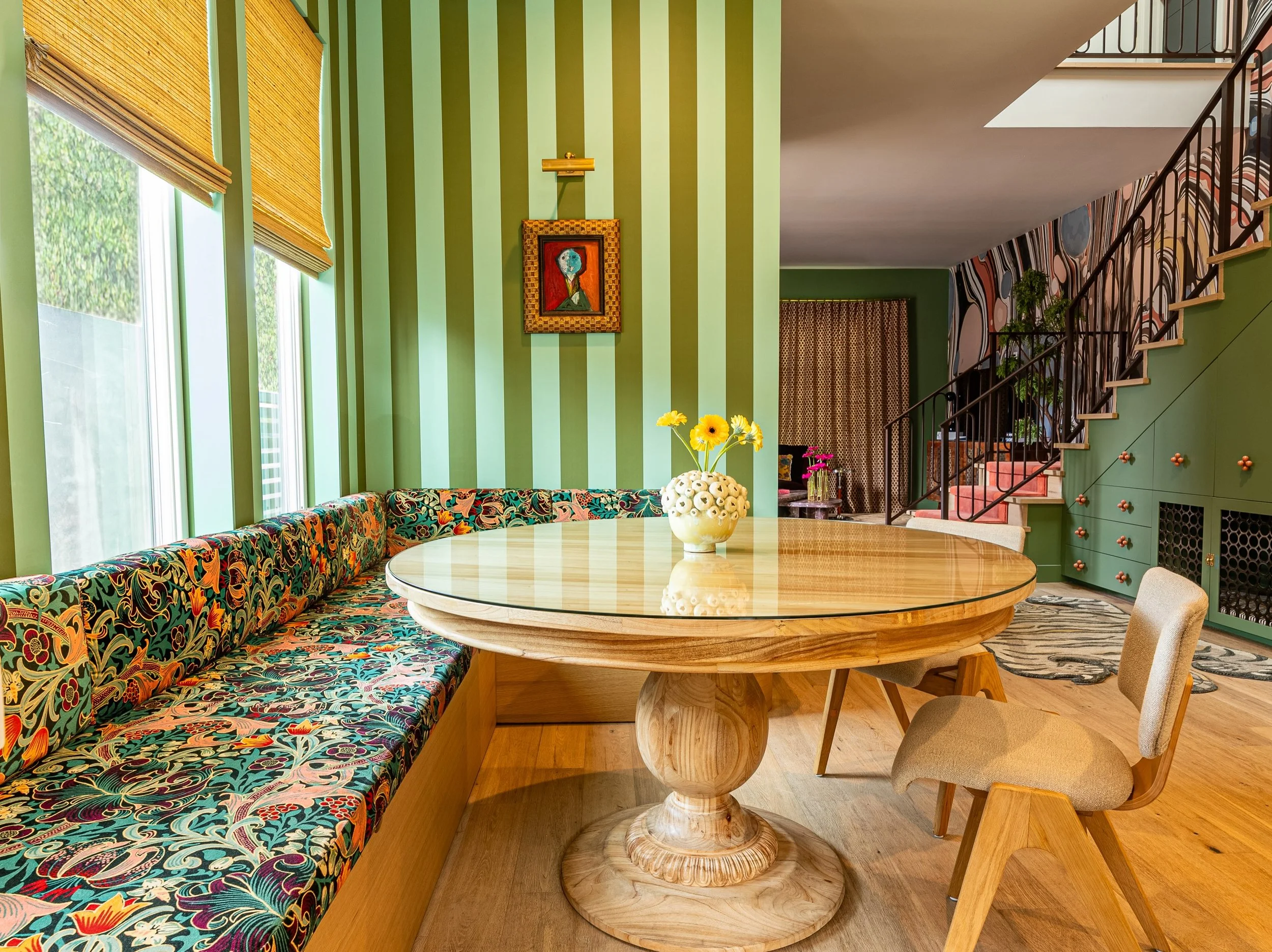 When a dream client slides into your DMs and hates builder grade gray and white boxes as much as you do. It was an absolute blast infusing this home with color and personality for the sweetest family. Also, the custom dining banquette &amp; storage w