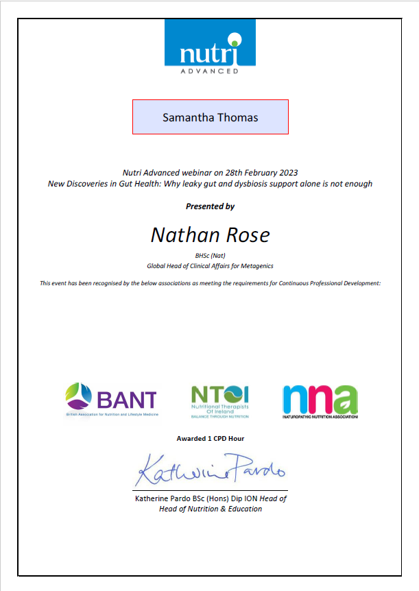 Bant CPD hours certificate Samantha Thomas