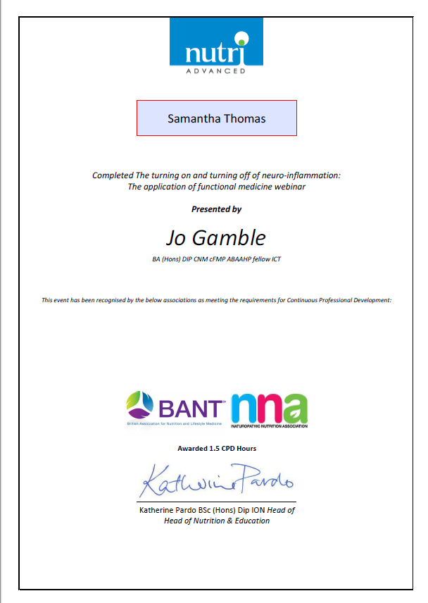 Bant CPD hours certificate Samantha Thomas