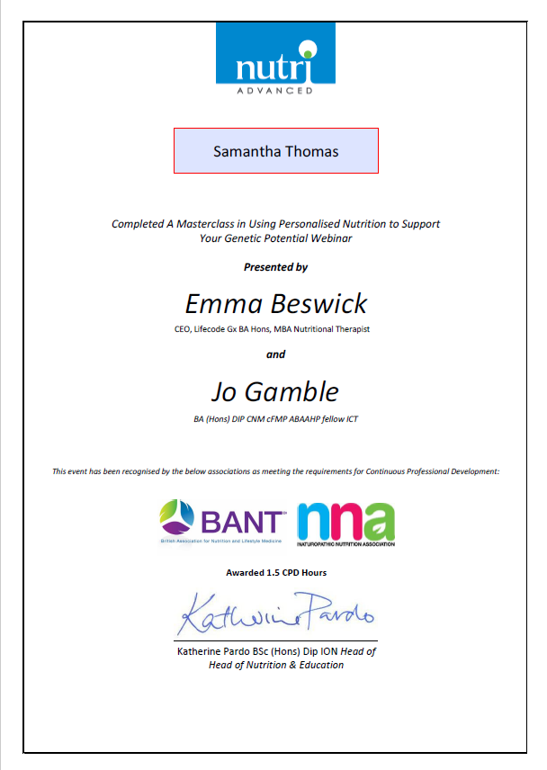 Bant CPD hours certificate Samantha Thomas