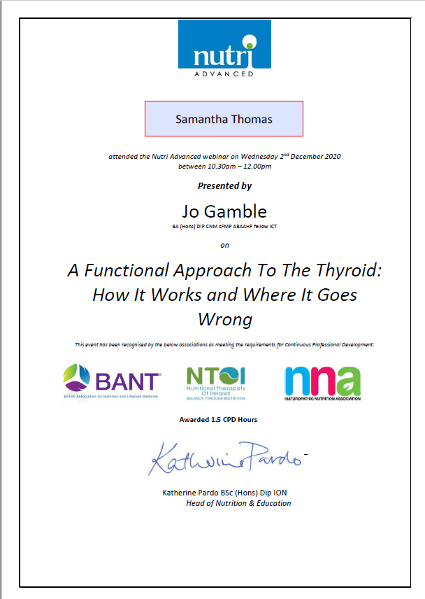 Bant CPD hours certificate Samantha Thomas