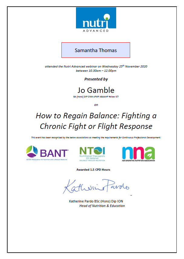 Bant CPD hours certificate Samantha Thomas