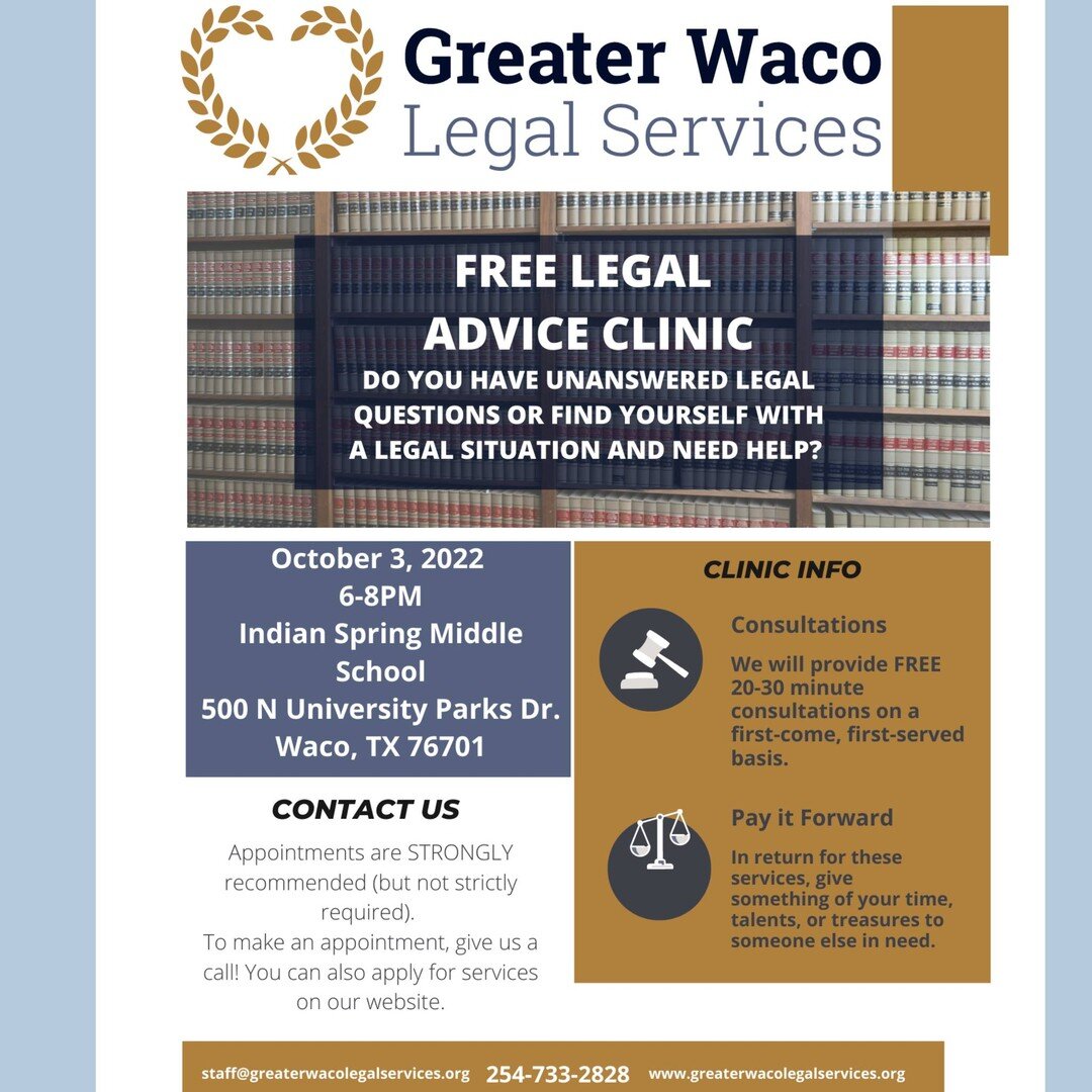 📍 Clínica de asesoramiento jurídico gratuito 
⚖️ @greaterwacolegalservices 
📆 Lunes 3 de octubre 
⏰ De 6 a 8 de la tarde. 
🏫 G.W. Carver Indian Spring United (500 N University Parks Waco, TX 76701)