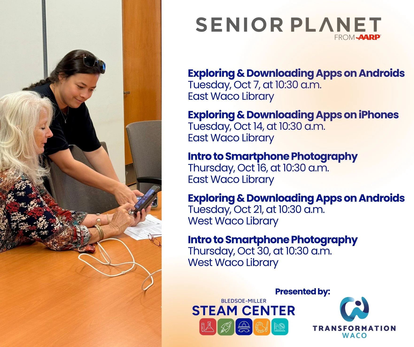 📱🍂 New month, new tech skills!
Our @senior.planet workshops are back this October with more free digital learning opportunities for adults 60+ at the East and West Waco Libraries.
Here’s what’s coming up:
📲 Exploring & Downloadin