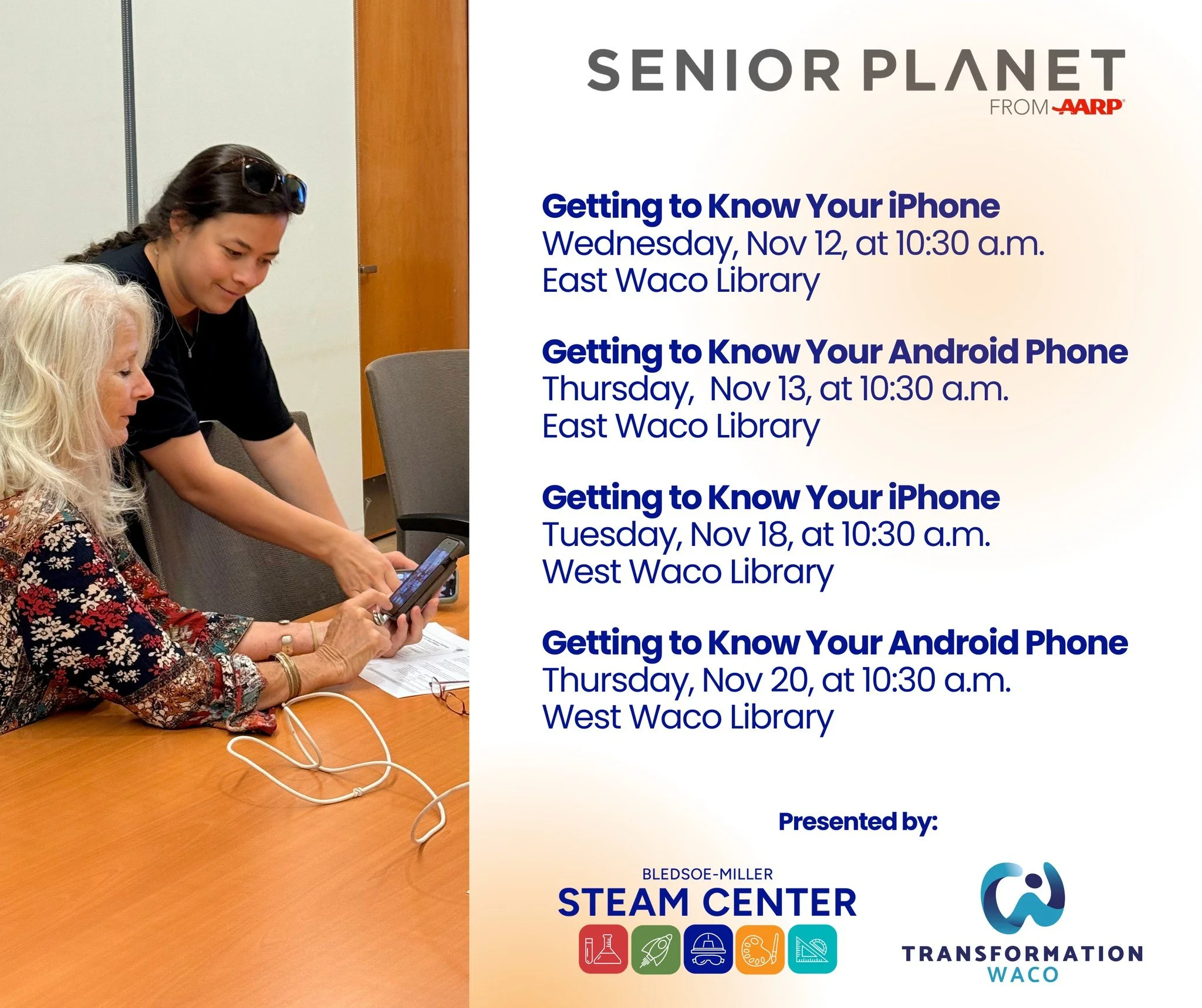 📱✨ November is the perfect time to build your tech confidence!

Our Senior Planet workshops are back this month at the East and West Waco Libraries, offering free, hands-on help for adults 60+ who want to get more out of their smartphones. Upcoming 