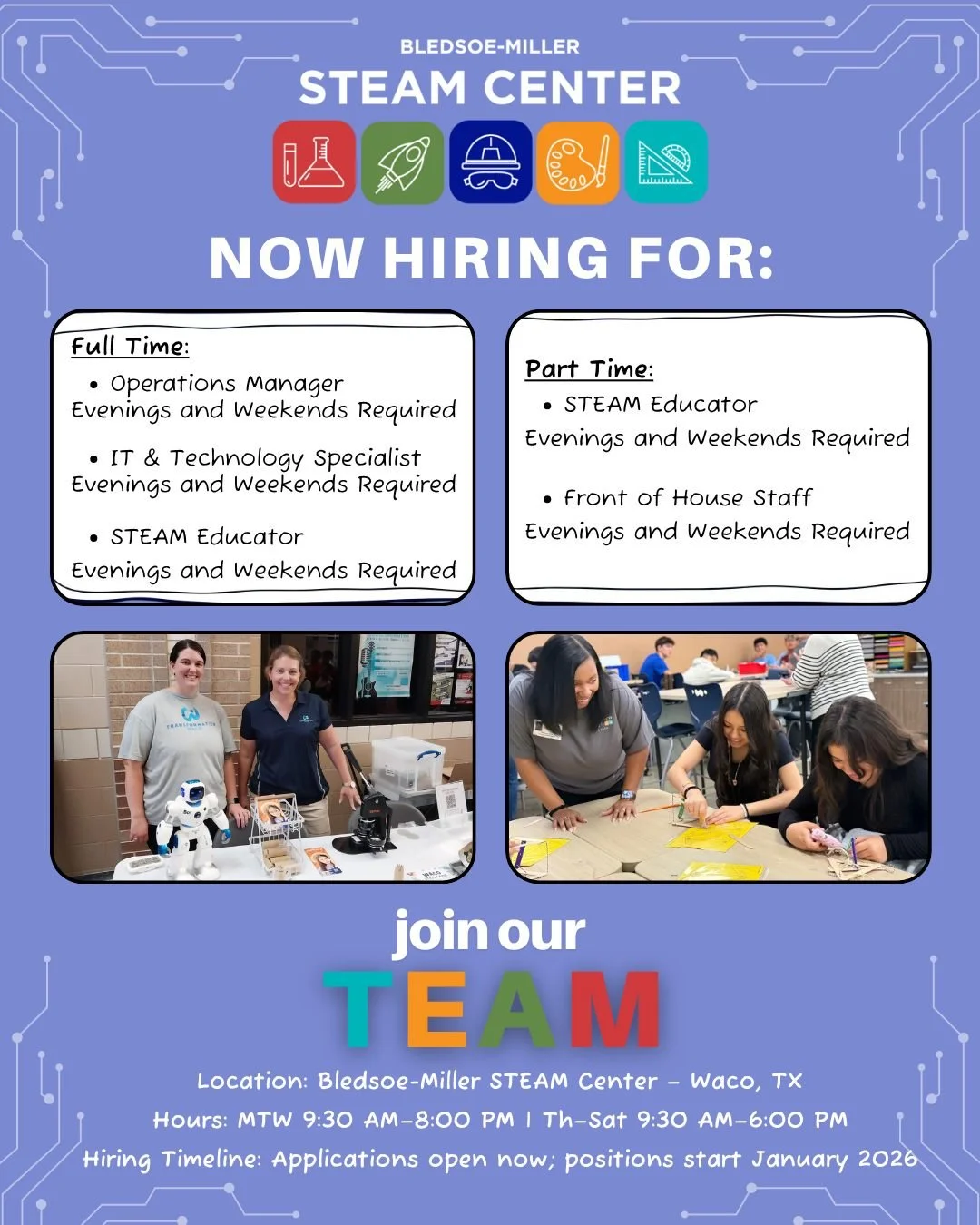 📣 We&rsquo;re hiring for the new @wacosteamcenter  in Waco!

We&rsquo;re building a team of creative thinkers and problem-solvers to bring hands-on learning to life when the Center opens in January 2026.

✨ Positions available:
🔹 Operations Manager