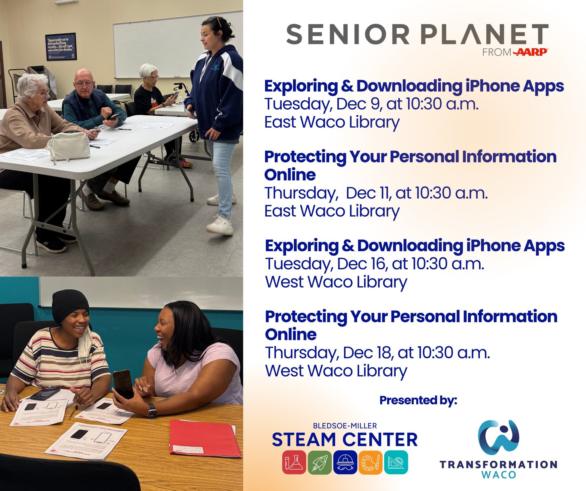 📱Learn something new this December &mdash; and stay safer online while you do it!

Our free Senior Planet workshops continue at the East and West Waco Libraries, helping adults 60+ build digital confidence and tech skills in a supportive, hands-on s
