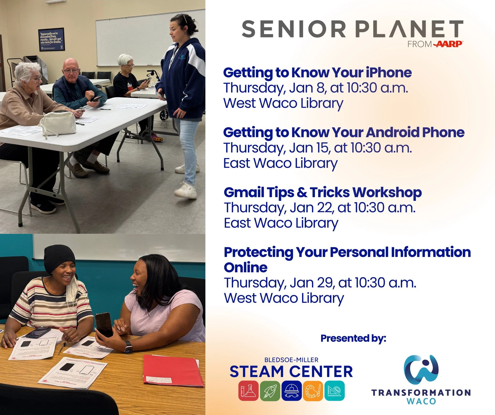 📅💡 New year, new tech skills!

Kick off 2026 by building confidence with your smartphone, email, and online safety at our free @aarp  Senior Planet workshops &mdash; designed for adults 60+ and held at the East and West Waco Libraries.

Here&rsquo;