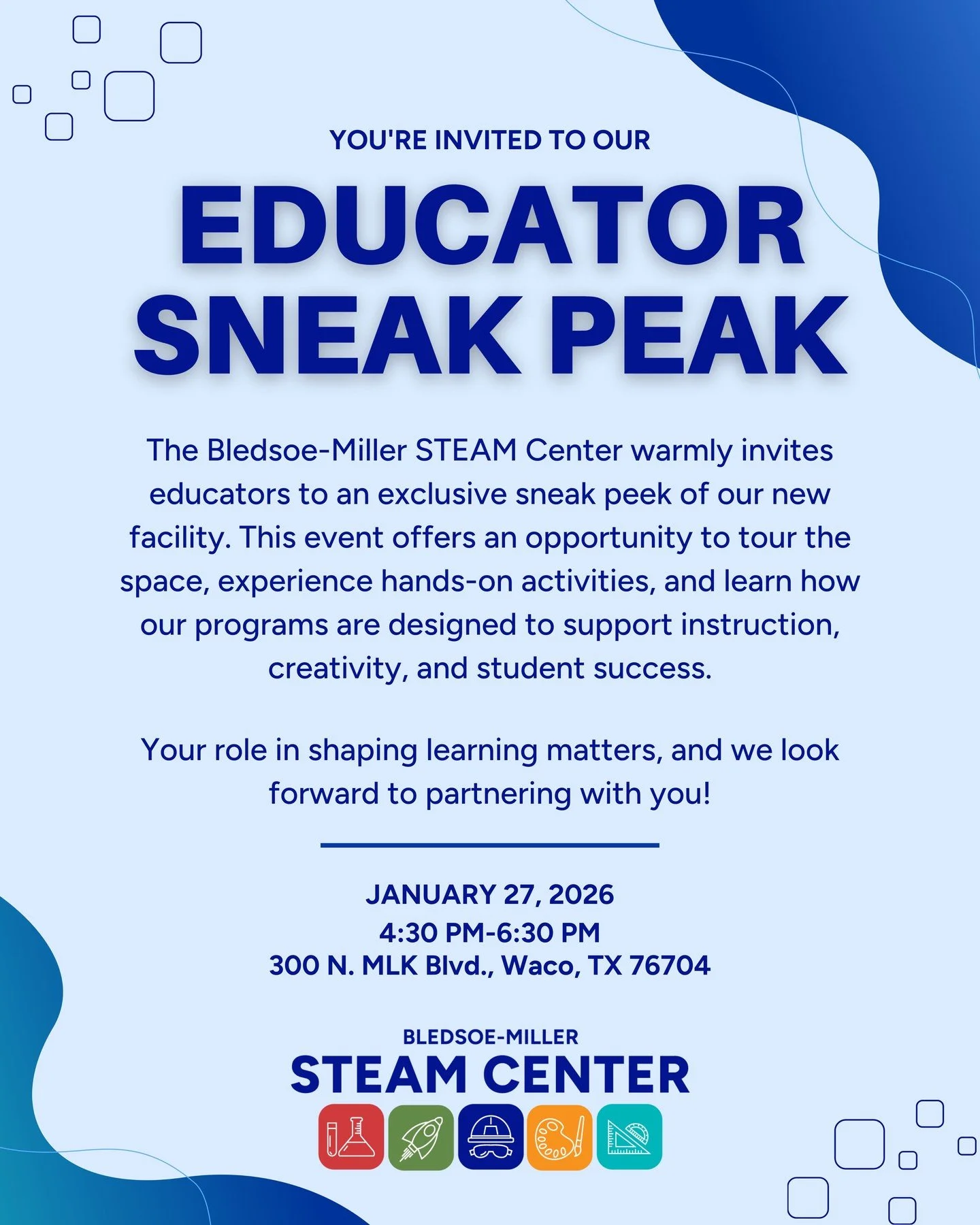 Educators, you&rsquo;re invited! 🍎
Get an exclusive first look at the Bledsoe-Miller STEAM Center &mdash; tour the space, try hands-on activities, and explore how our programs can support instruction, creativity, and student success.
📅 Tuesday, Jan
