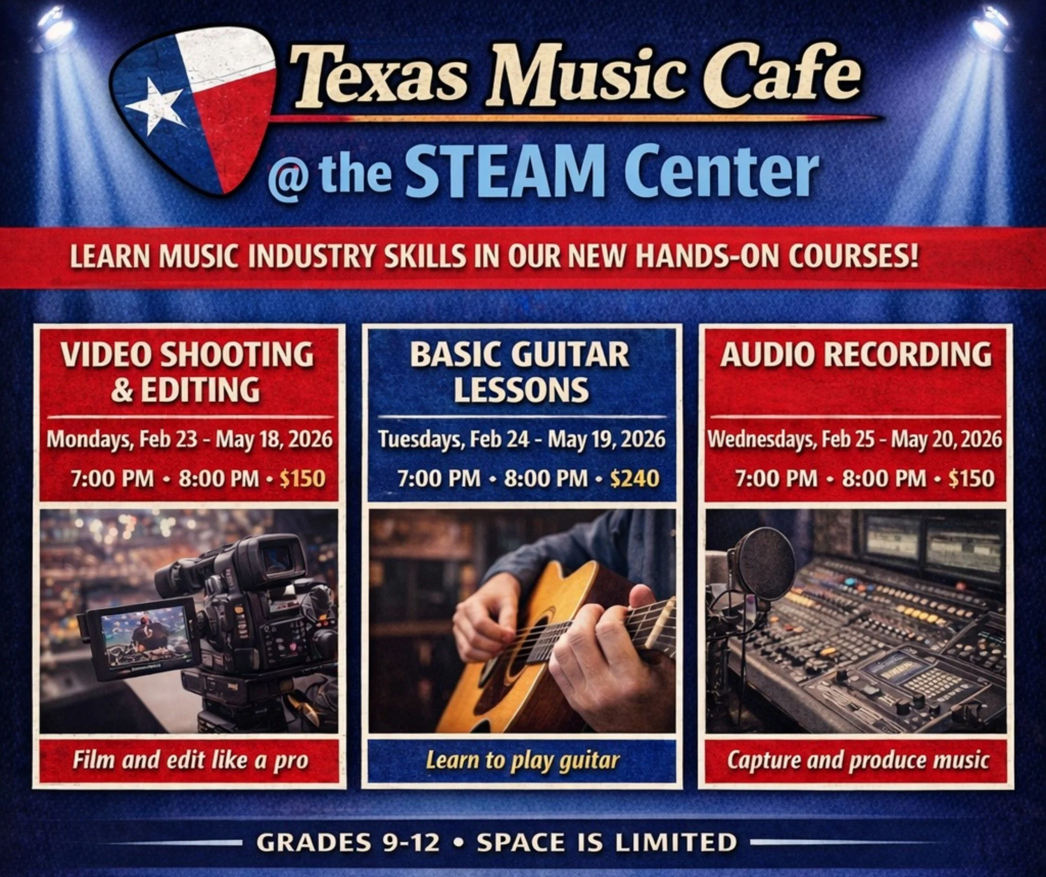 Turn your creativity into real-world skills.

The @txmusiccafe is bringing hands-on music-industry courses to the @wacosteamcenter, designed for students in grades 9&ndash;12.

This spring, students can choose from:
🎥 Video Shooting &amp; Editing
🎸