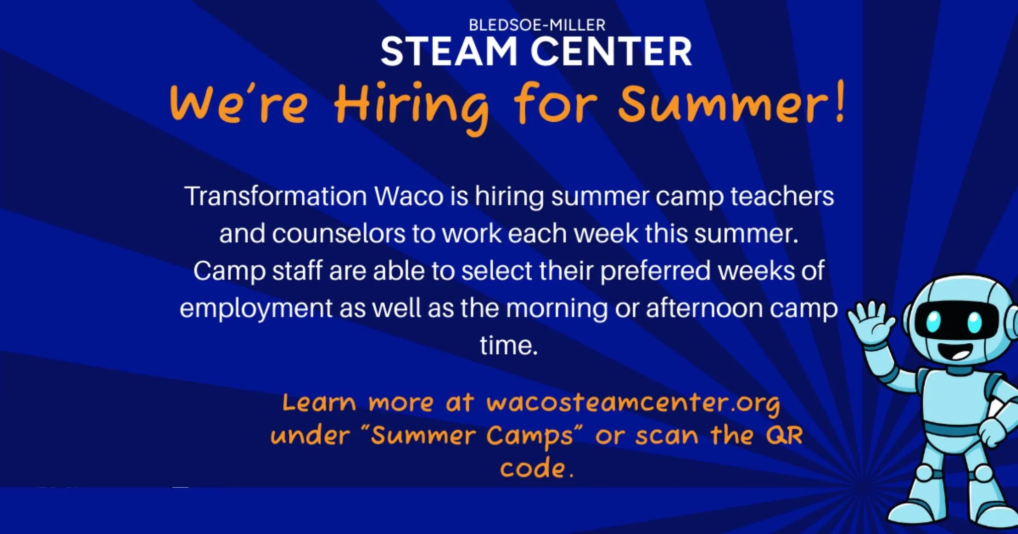 ☀️🚀 Transformation Waco is seeking summer camp teachers and counselors to lead an exciting season of hands-on learning at the @wacosteamcenter.

Teachers (22+)
💲$30/hour (certification preferred, not required) 

Counselors (16+)
💲 $15/hour

📅 Wor