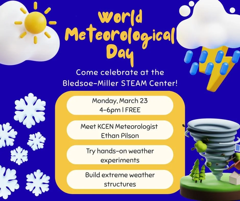 🌪️☀️❄️ Weather gets wild at the @wacosteamcenter!

Join us for World Meteorological Day
🧑&zwj;🔬 Meet a @kcennews meteorologist
🧪 Try hands-on experiments
🏗️ Build extreme weather structures
📅 Monday, March 23 | 4&ndash;6 PM
💥 Free &amp; family