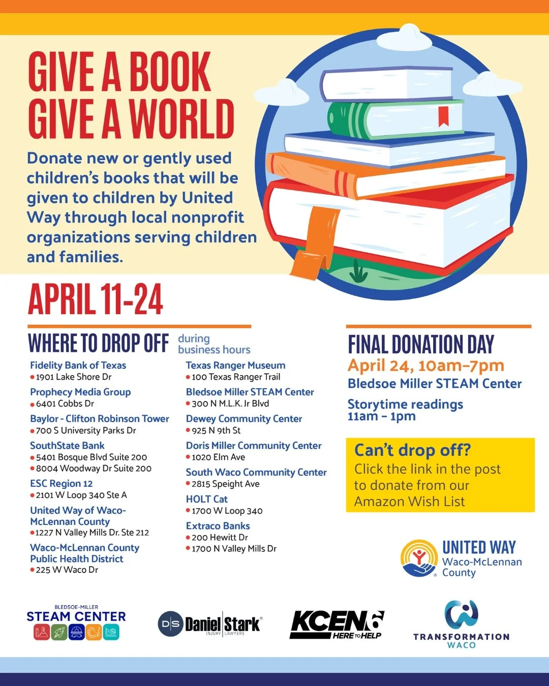 📚🌎 Give a Book, Give a World!

The community-wide Children&rsquo;s Book Drive wraps up this Friday, April 24, so there&rsquo;s still time to donate new or gently used children&rsquo;s books to help expand access to reading for local kids and famili