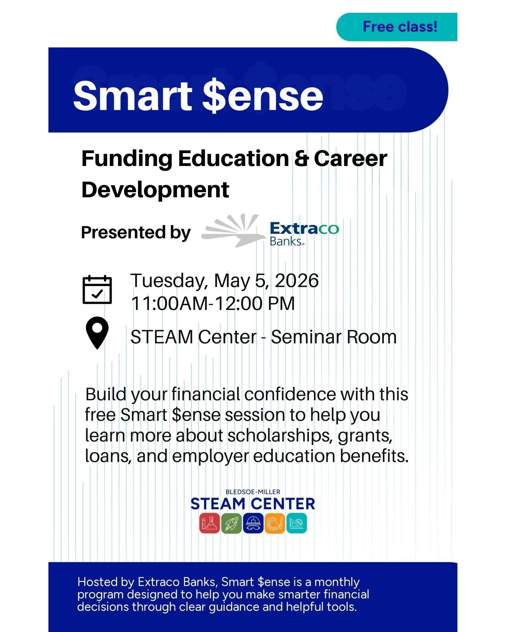 💡💰 Build your financial confidence with Smart $ense!

Join us for this free session focused on funding education and career development, where you&rsquo;ll learn about scholarships, grants, loans, and employer education benefits.

Presented by @ext