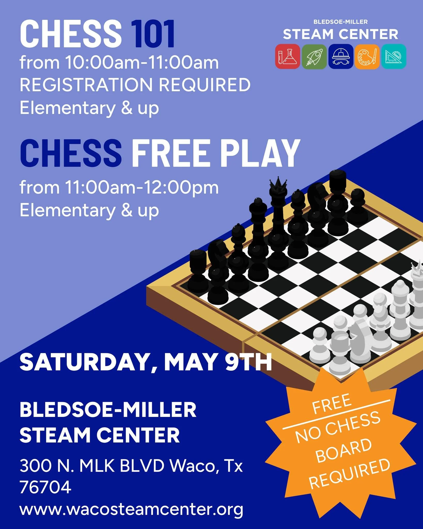 ♟️✨ Ready to learn (or level up) your chess game at the @wacosteamcenter?

Join us for Chess 101, a beginner-friendly session where you&rsquo;ll learn the basics, followed by free play to practice your moves and challenge others.

No board? No proble