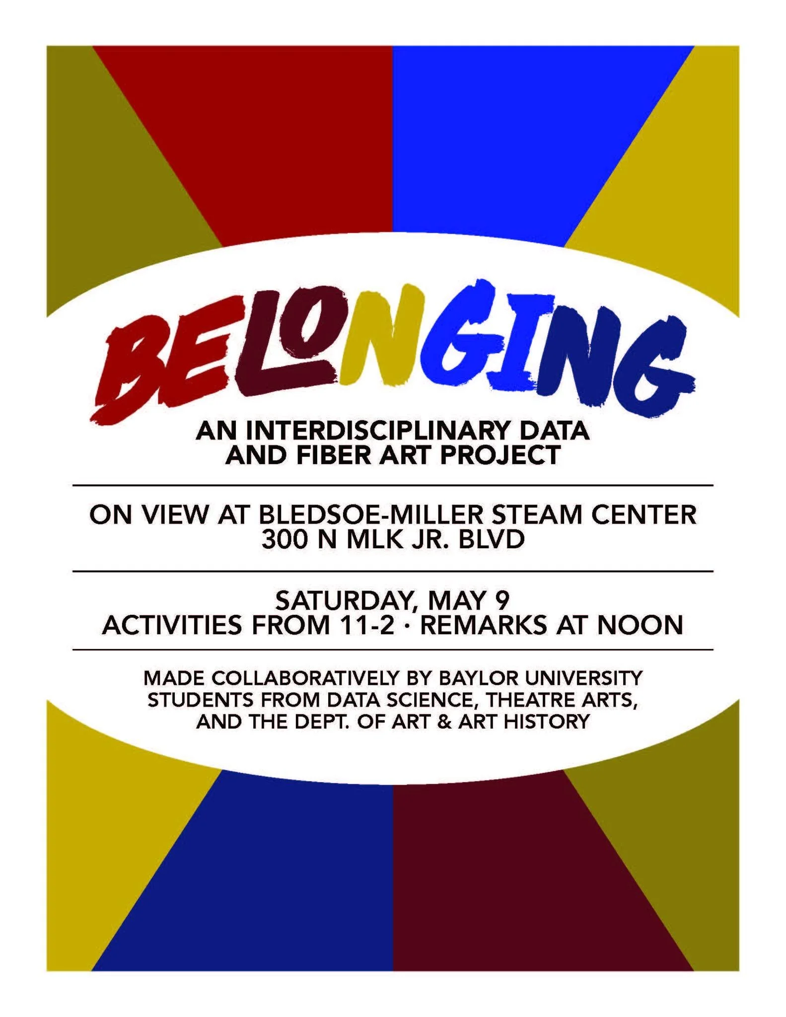 Join us at the Bledsoe-Miller STEAM Center for Belonging: A Fiber x Data Art Exploration, an interdisciplinary project created by @bayloruniversity students.

This installation combines data collected from the Waco community with fiber art to explore
