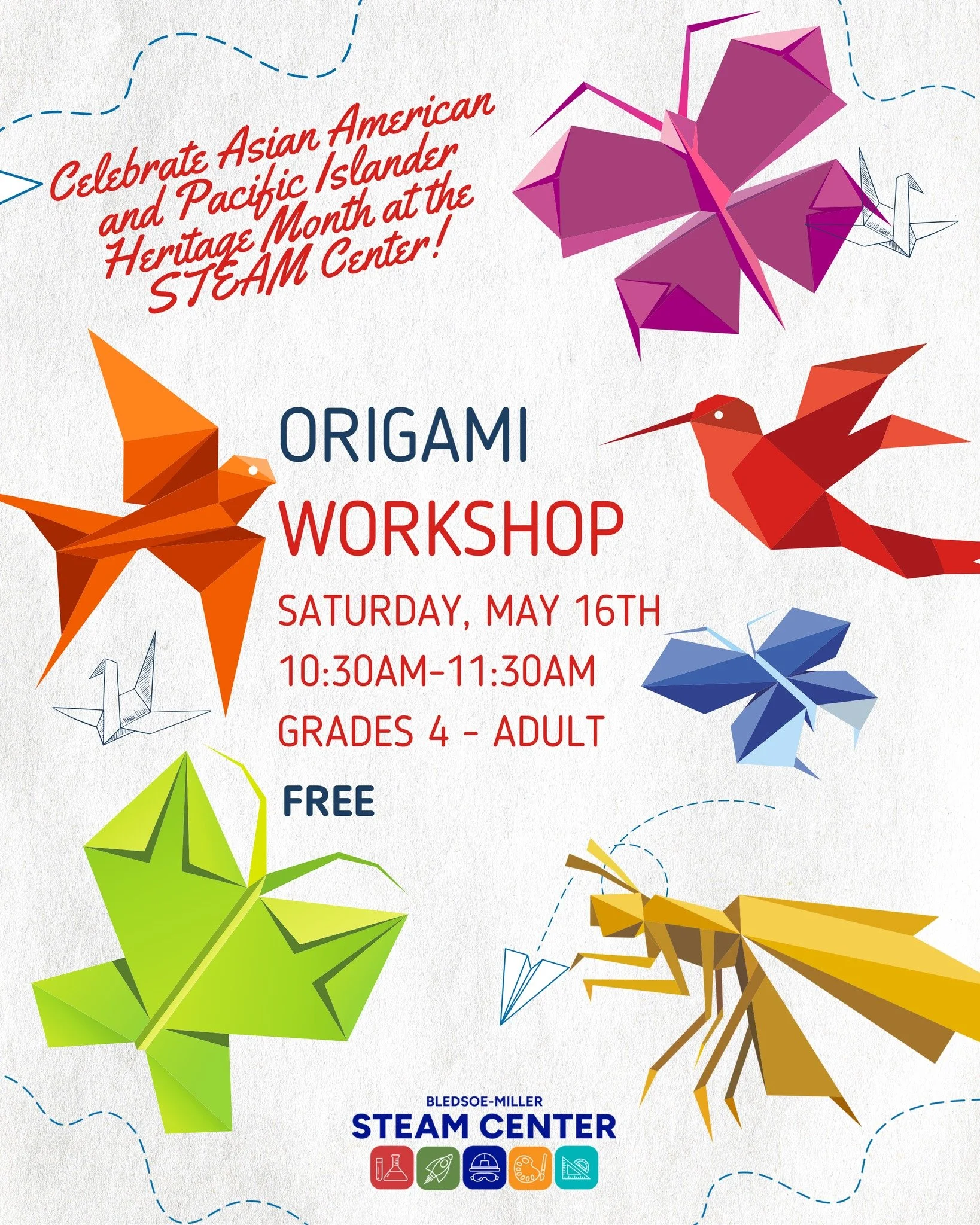 Discover the beauty and tradition of origami through this hands-on workshop at the @wacosteamcenter .

Learn the fundamentals of paper folding while exploring the meaning behind this art form, then create two pieces to take home.

📅 Saturday, May 16