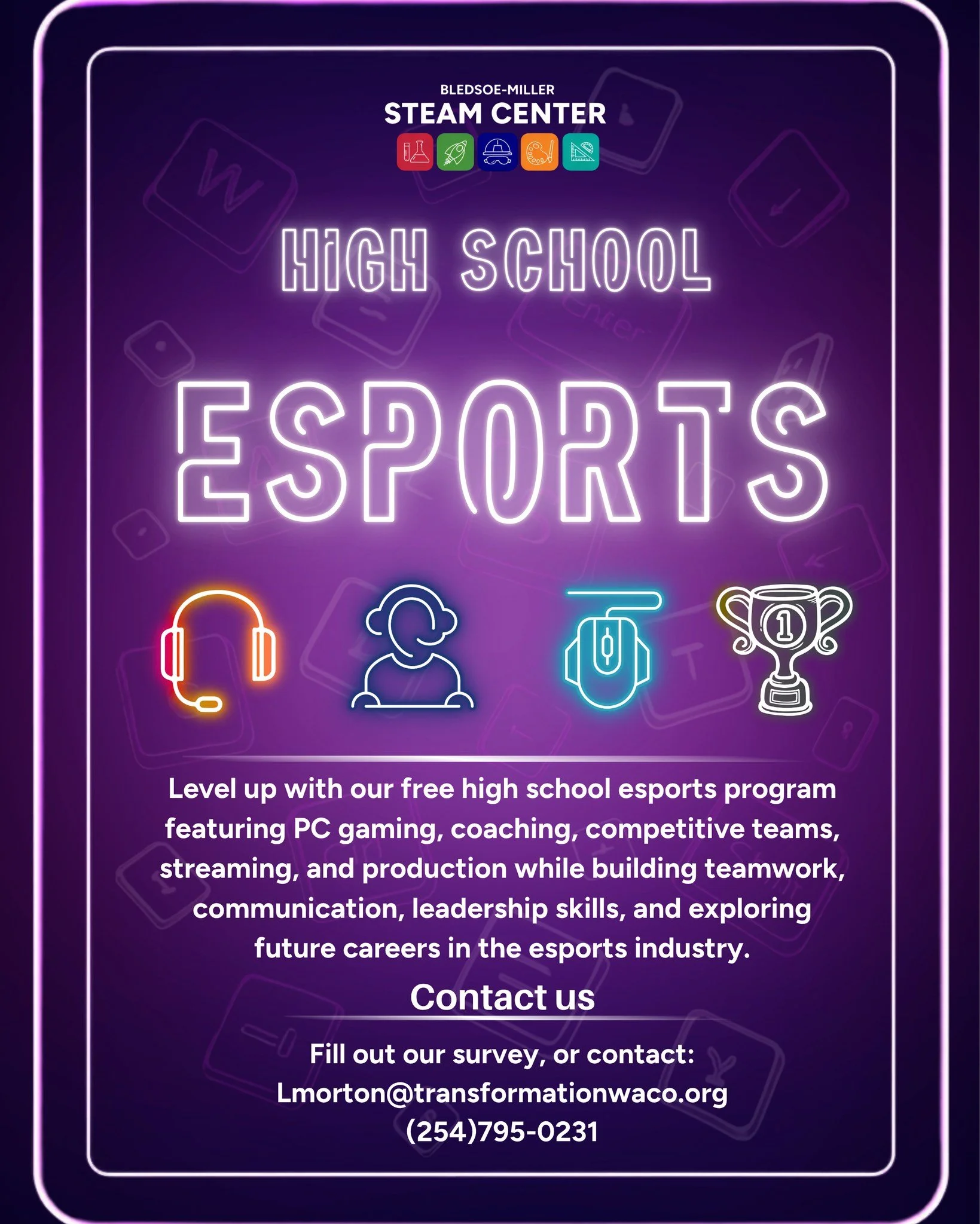 🎮🚀 Calling all high school gamers!

The @wacosteamcenter is working to launch a FREE high school esports team this summer, featuring PC gaming, coaching, competitive teams, streaming, and production opportunities. Anticipated start date in mid-June