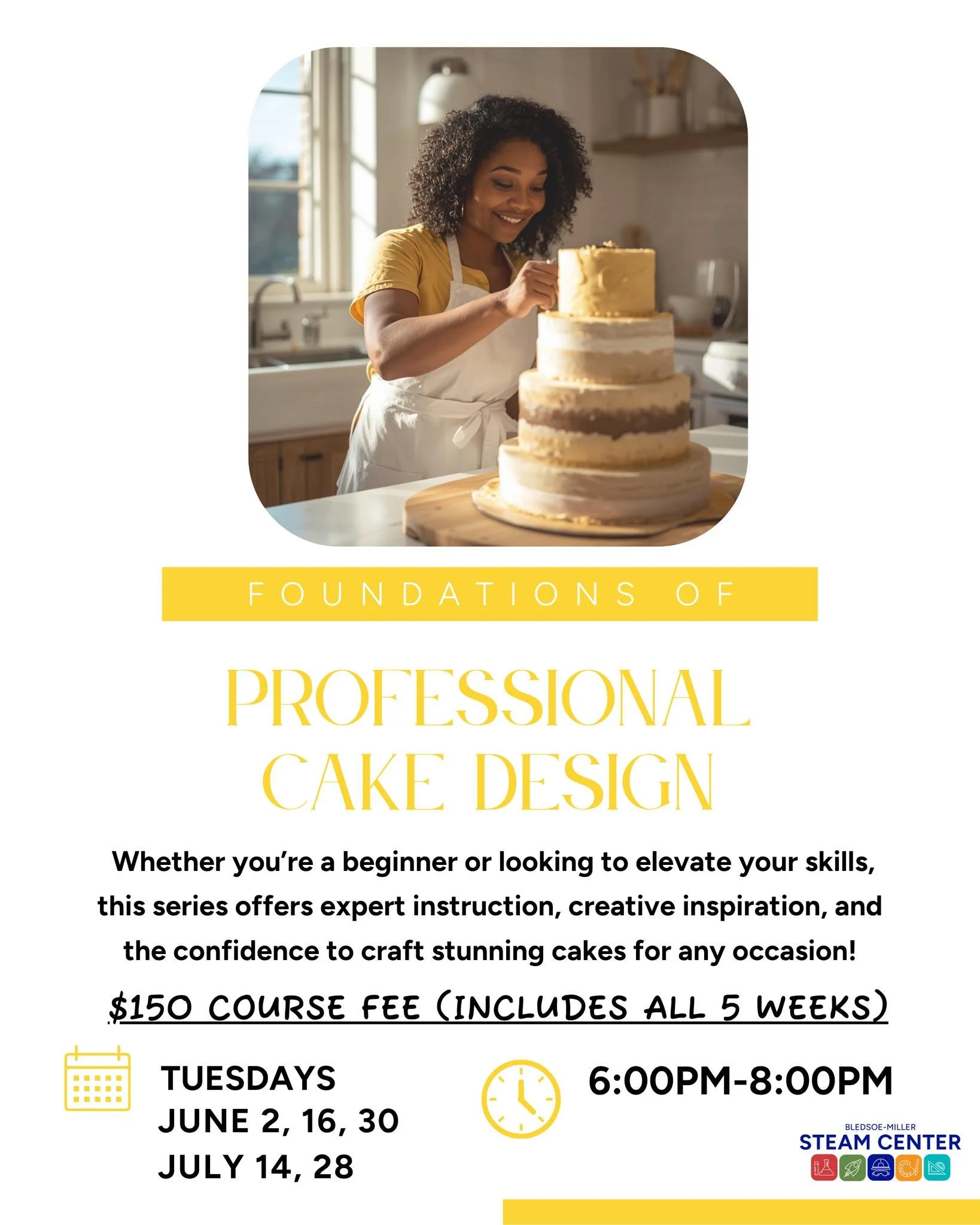 🎂✨ Ready to level up your cake decorating skills?

Spend your summer creating beautiful cakes and learning professional techniques in this hands-on 5-week series with Natasha Jarmon of @chefheir.

Participants will practice everything from leveling 