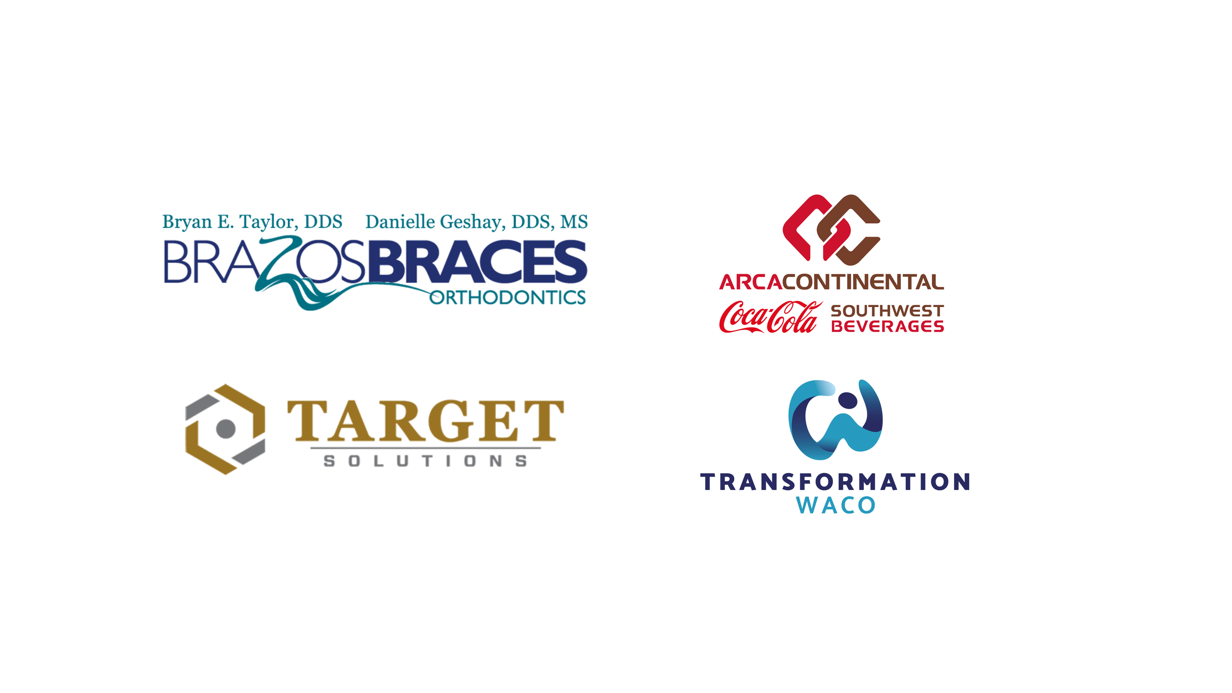 Logotipos para Brazos Braces, Target Solutions, Transformation Waco y Coca-Cola Southwest Beverages