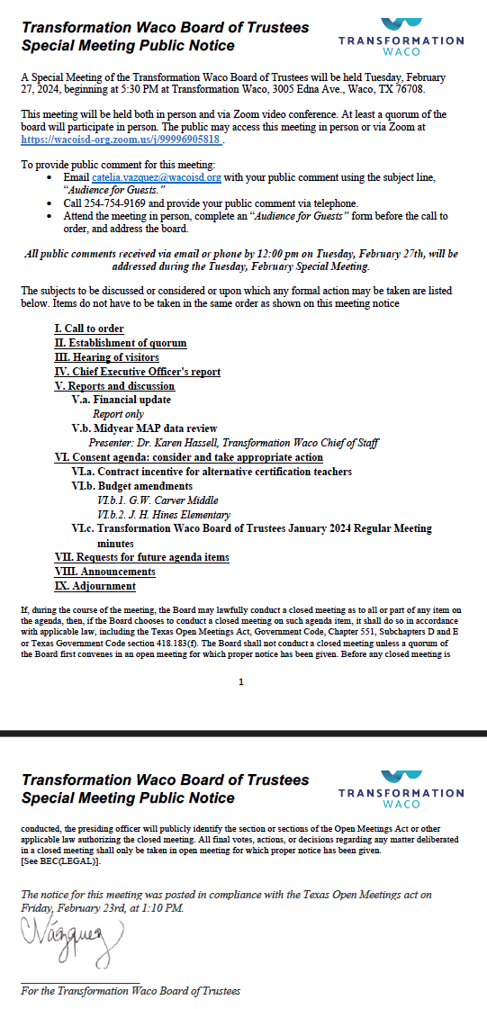 Board Meeting Calendar — Transformation Waco