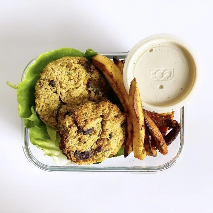 White Bean Zucchini Burgers with Root Veggie Fries and Horseradish Crema