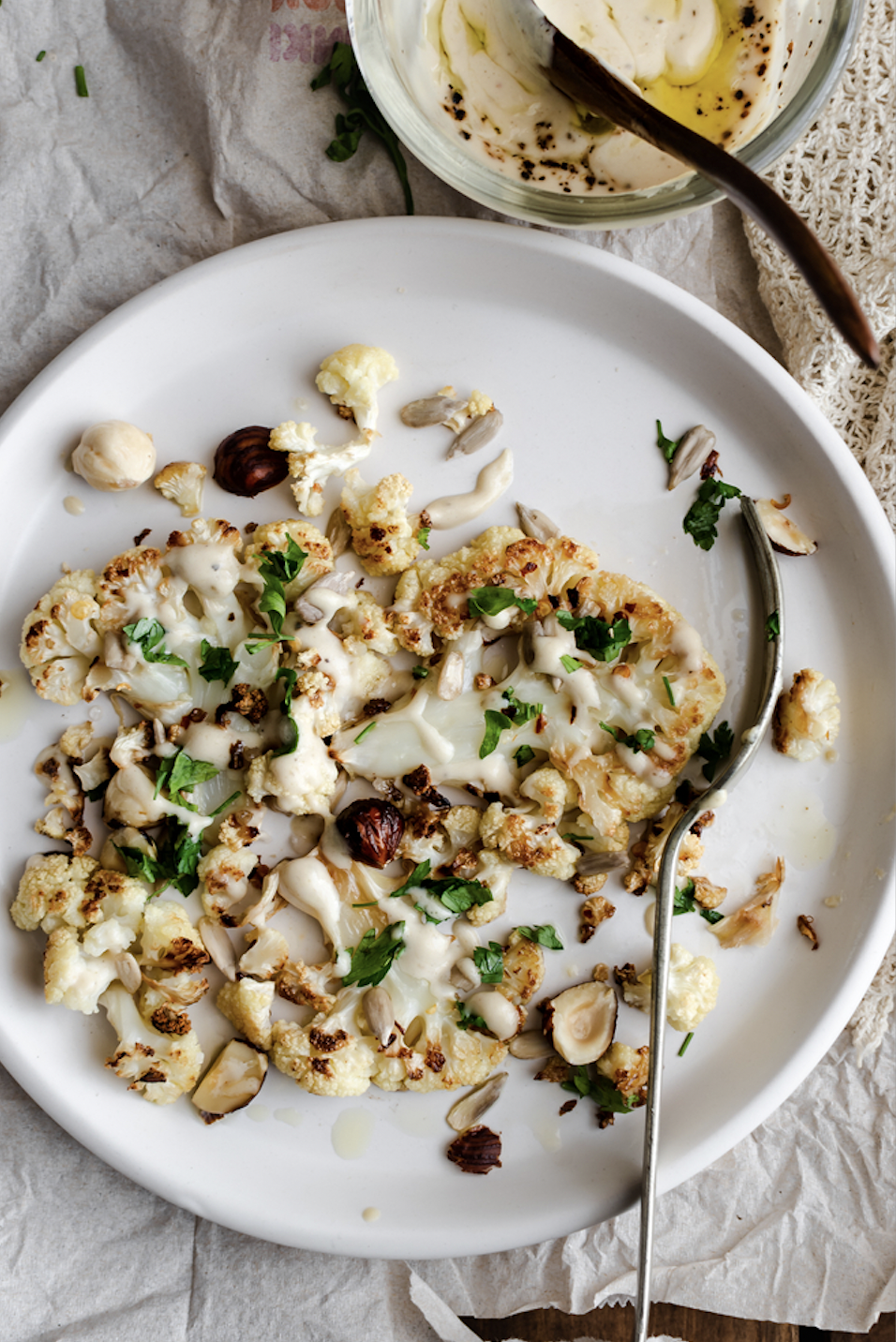 Cauliflower Steaks with Chickpeas &amp; Herby Tahini Sauce