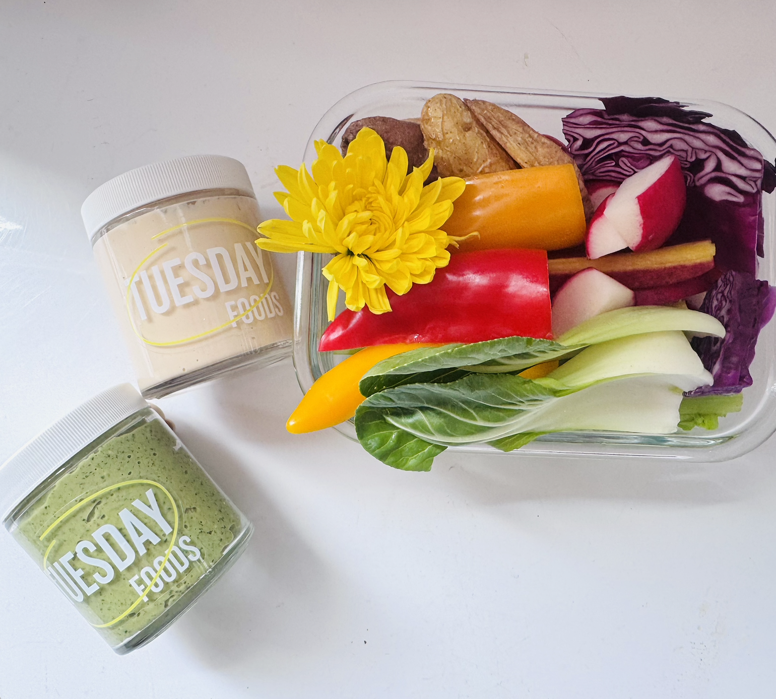 Veggie Crudites Queso + Pesto Dips