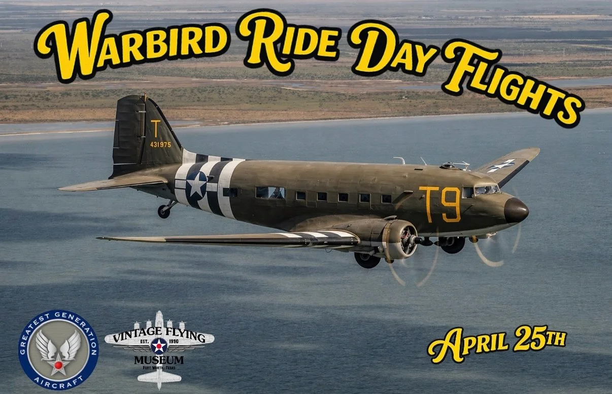 We added some flights for this Saturday, April 25th during the Vintage Flying Museum Warbird Ride Day. Specially priced tickets are now available at gga1.org/calendar ✈️ 
Come fly with us! 

#fortworth #texas #warbird #warbirds