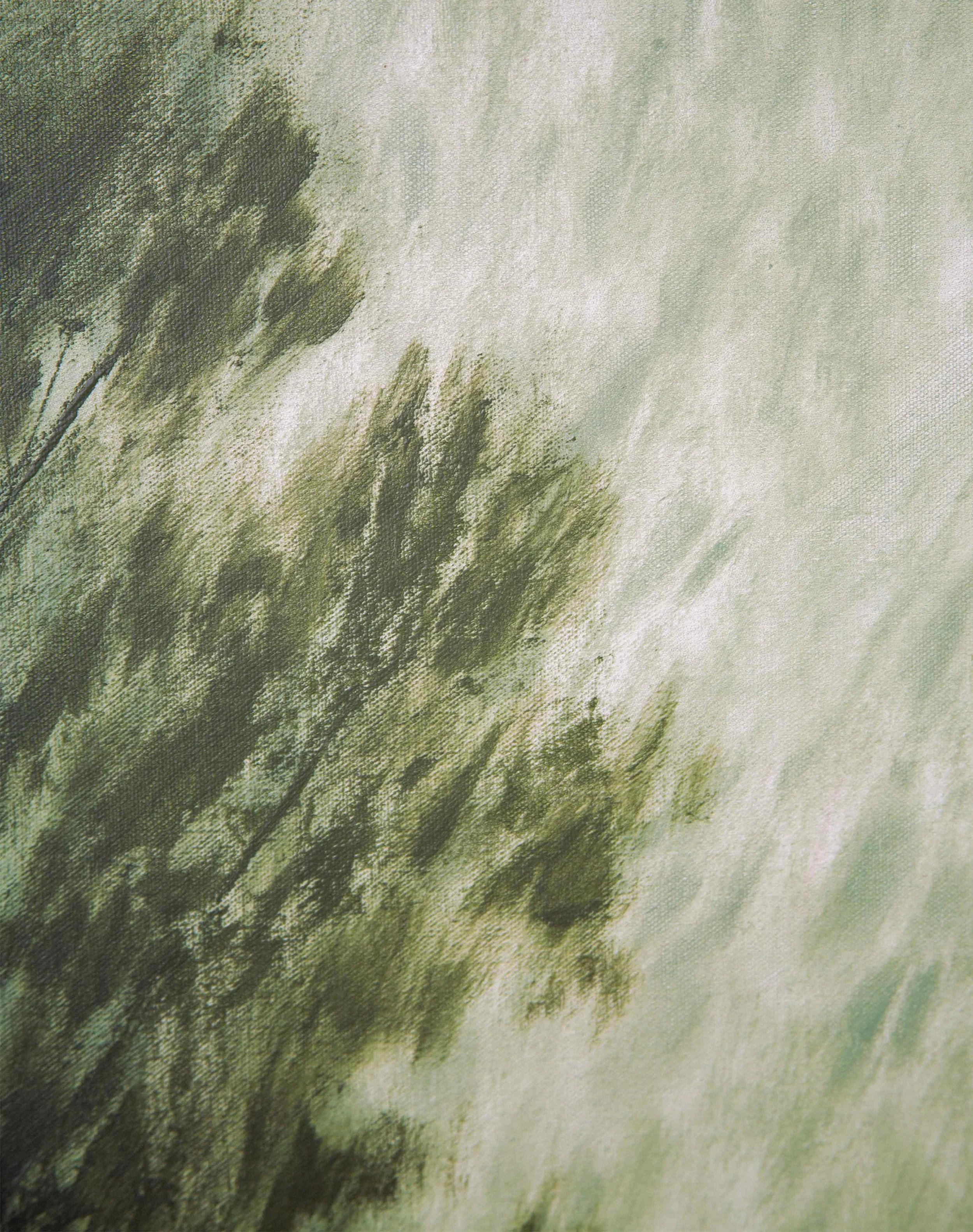 Close detail of layered green brushwork and flickering warm tones from Understory, showing overlapping gestures, textured surface, and the immersive density of the composition.