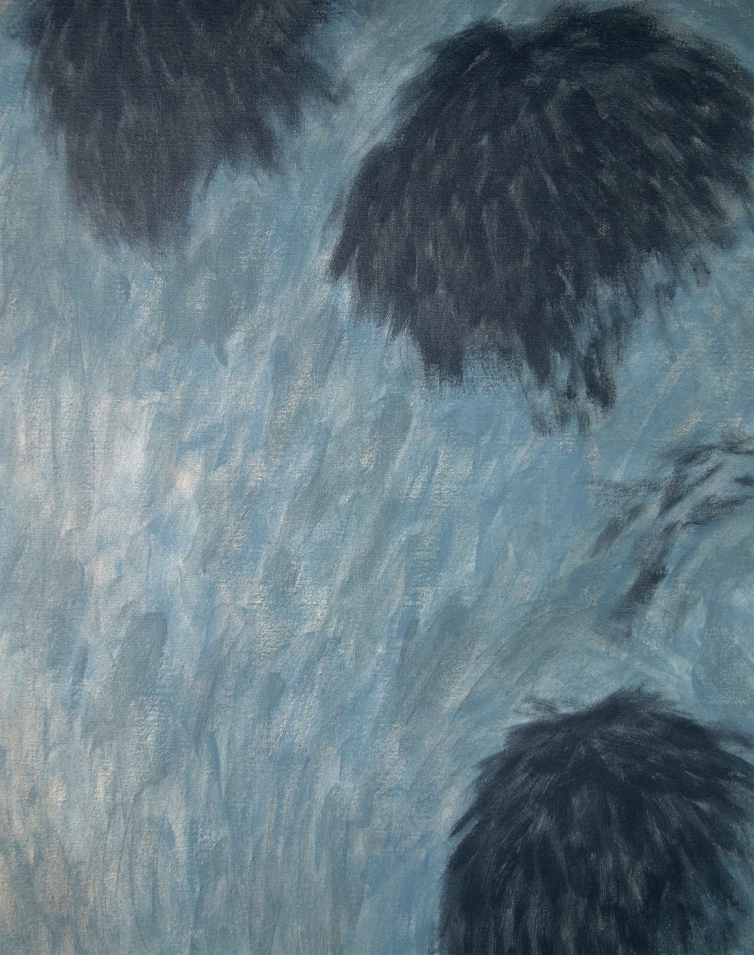 Close detail of muted blue brushwork and cascading forms from Where the Day Softens into Silence, showing soft layered texture, tonal depth, and the quiet fading movement of the painted surface.