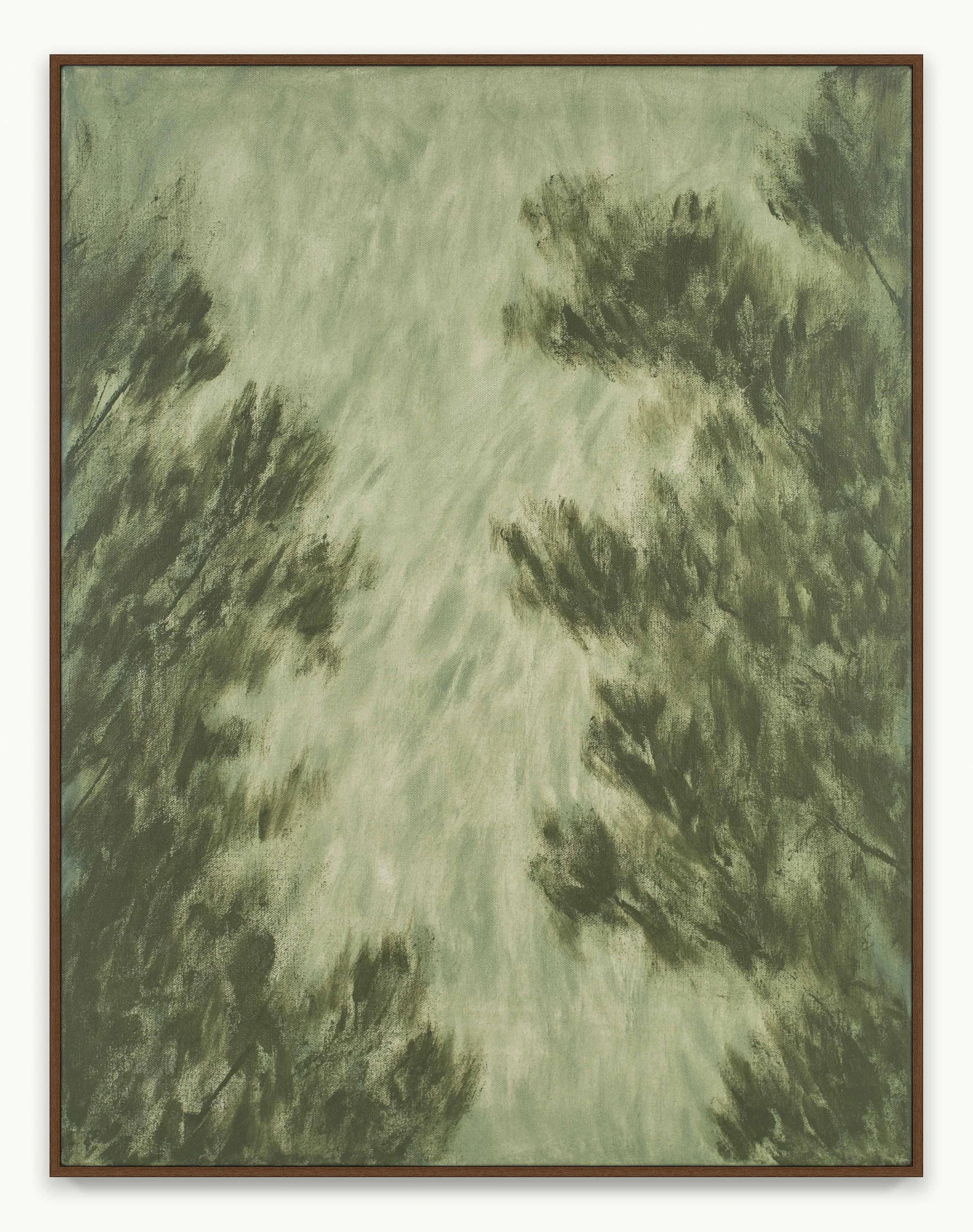 Abstract painting with quick gestural marks, cooler greens, and warmer tones flickering through layered passages. The close, immersive composition evokes filtered light, shifting leaves, and the feeling of looking upward through branches.