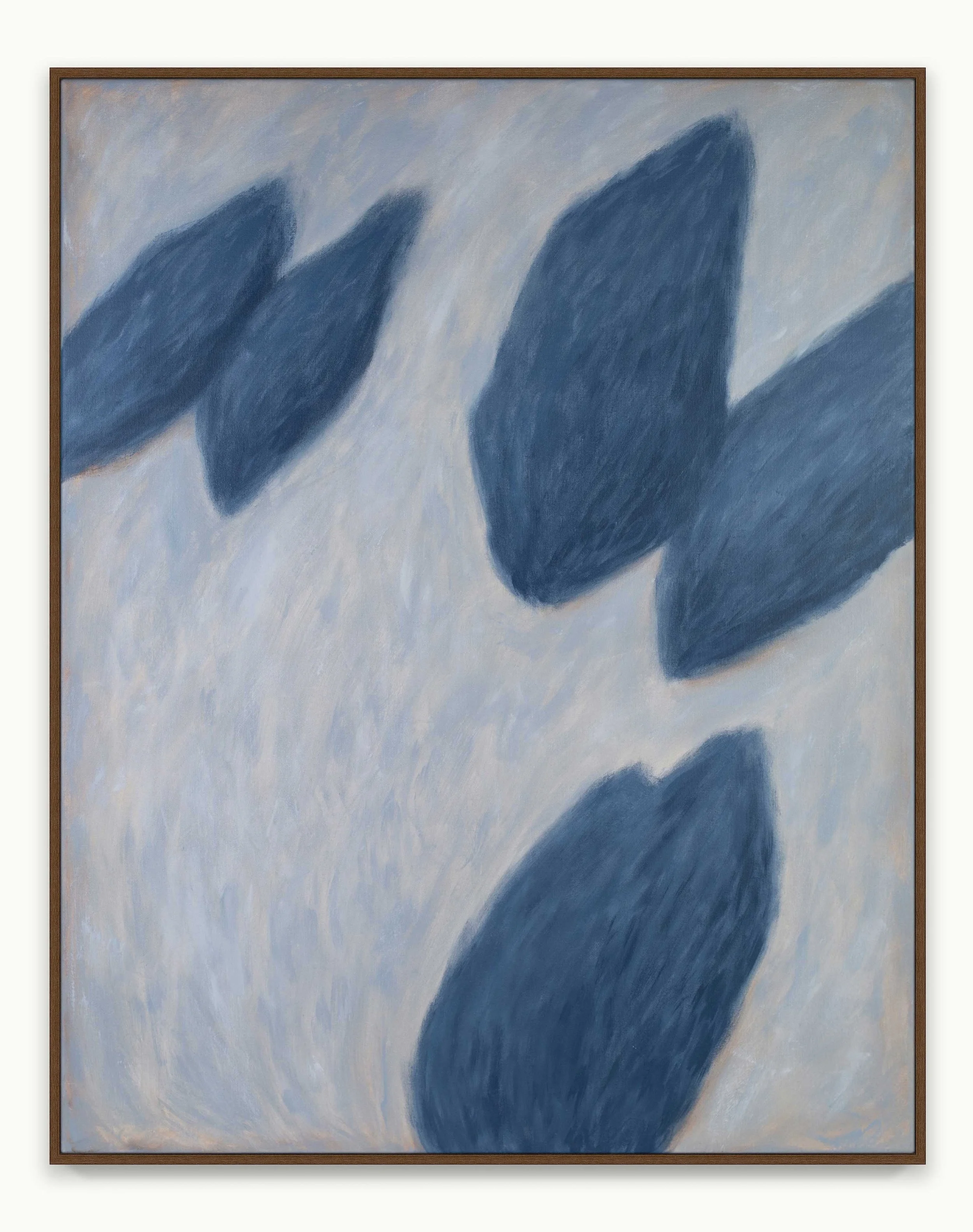 Abstract painting with layered textural brushstrokes, soft blue and grey tones, and lightly held leaf-like forms drifting across the surface. The composition evokes water, reflected light, and the quiet absorption of sustained looking.