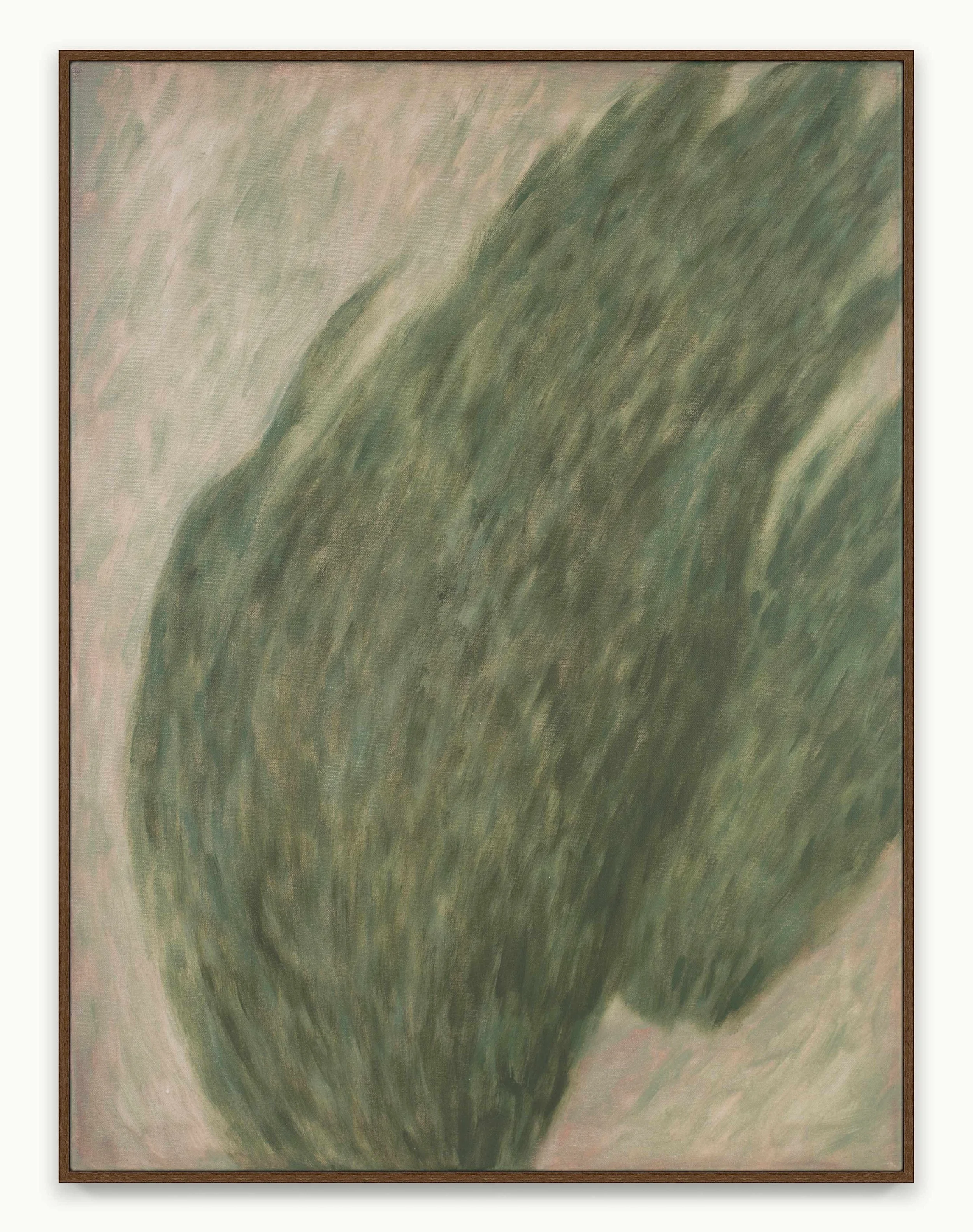 Abstract painting in softened greens with layered diagonal marks and two tree-like forms emerging through the surface. The composition suggests warm moving air, swaying branches, and a calm, grounded connection to the forest.