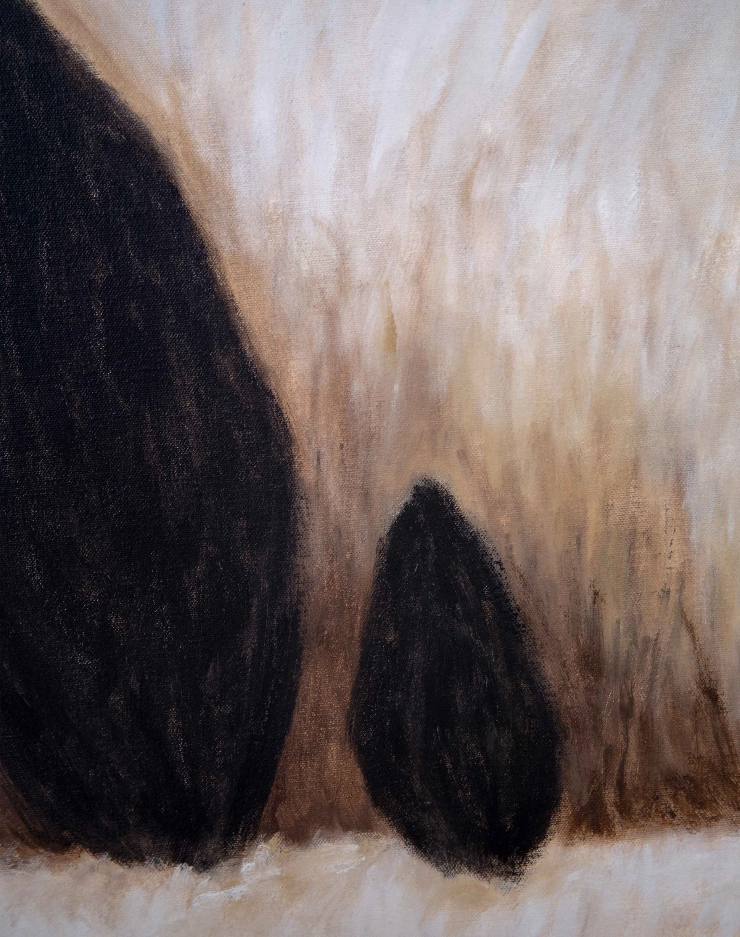 Close detail of subdued layered brushwork from The Trees, Still Aware, showing soft tonal shifts, textured horizon marks, and the quiet stillness of the painted surface.