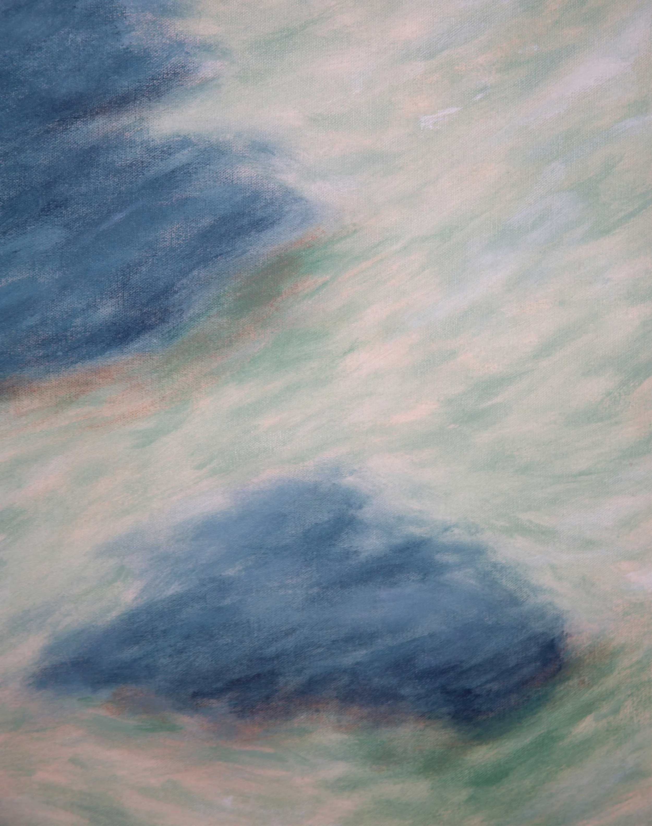 Close detail of soft blue and pale green brushwork from Clouds Drifting Through Unfinished Stories, showing textured acrylic layers, shifting edges, and airy movement across the painted surface.