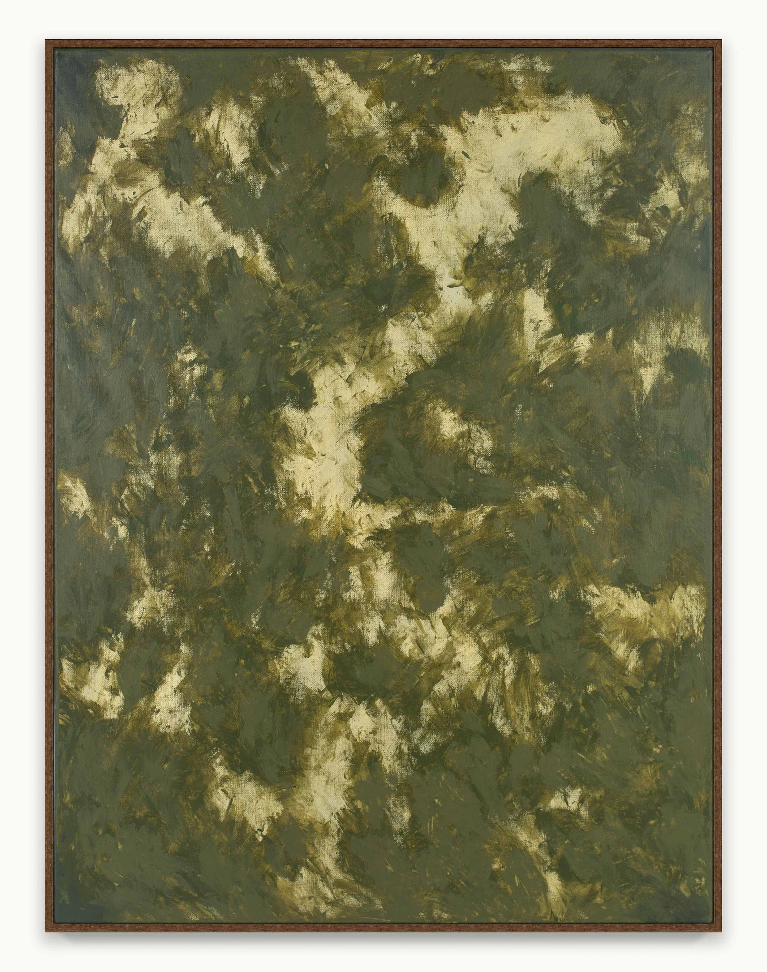 Abstract painting in greens and warm earth tones with overlapping gestural marks and a tactile surface. The composition suggests looking upward through a moving forest canopy, where filtered light, shelter, and quiet attention meet.