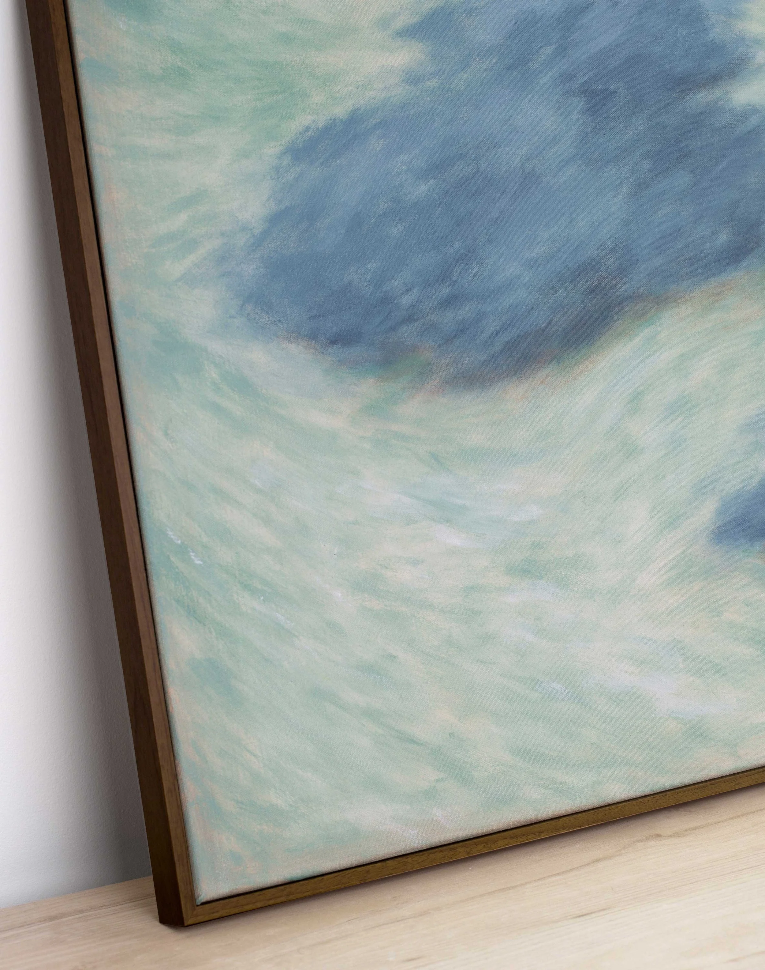 Close detail of soft blue and pale green brushwork from Clouds Drifting Through Unfinished Stories, showing textured acrylic layers, shifting edges, and airy movement across the painted surface.