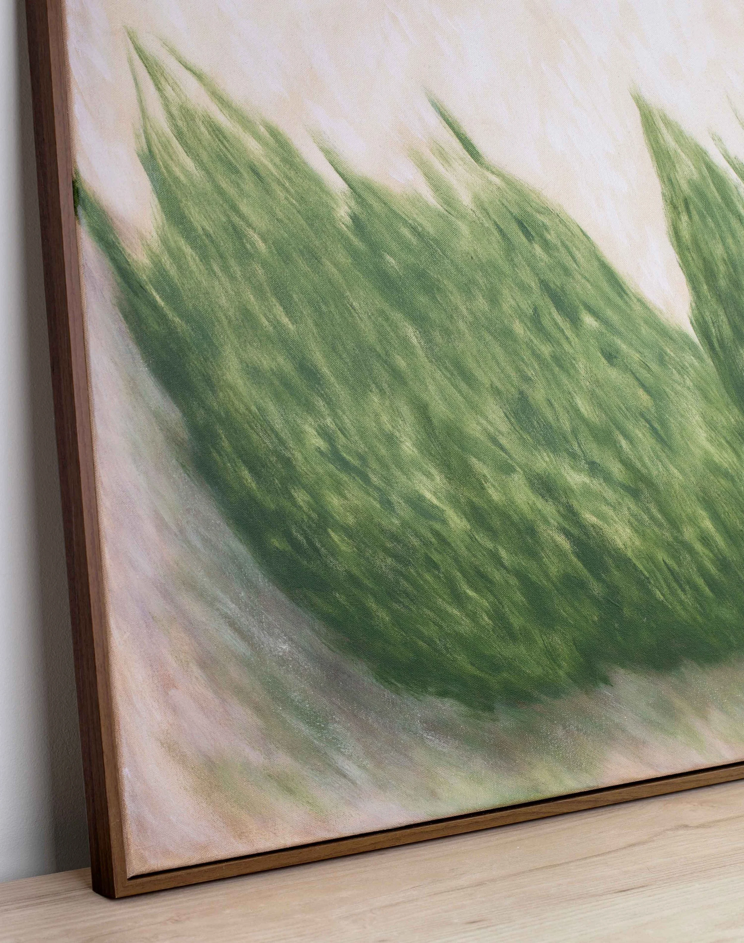 Close detail of green diagonal brushstrokes and subtle layered forms from Here and Nowhere Else, revealing tonal depth, surface texture, and the quiet balance within the composition.