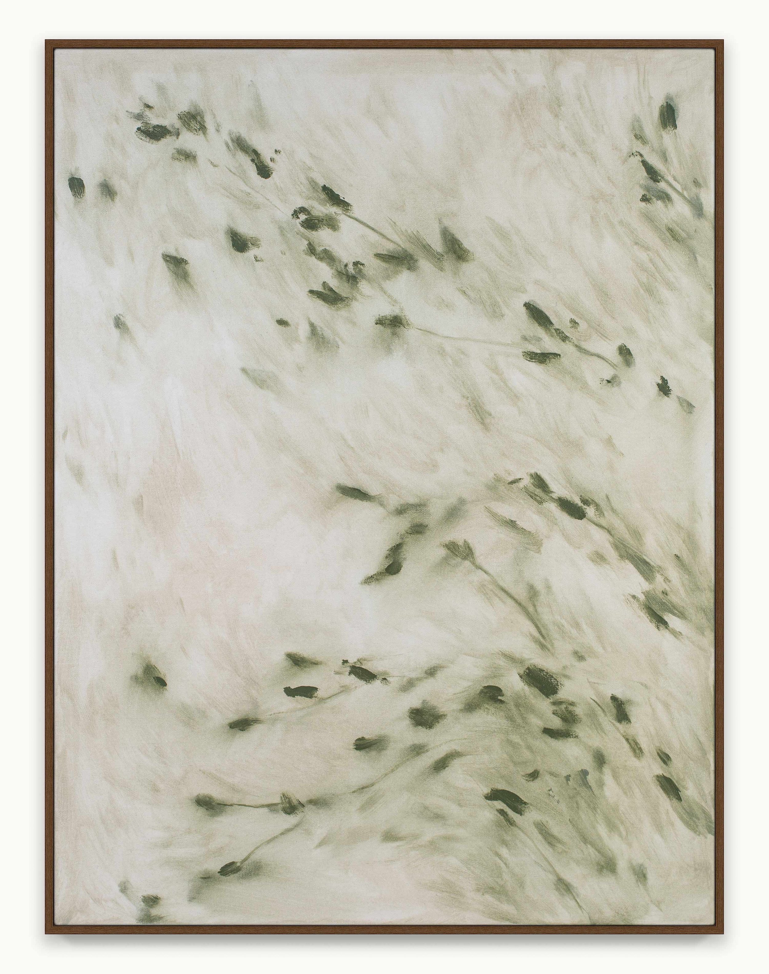 Abstract painting in warm greens and softened tones with quick gestural brushstrokes and gently moving forms. The composition suggests leaves drifting in dappled summer light and the quiet comfort of being in nature.