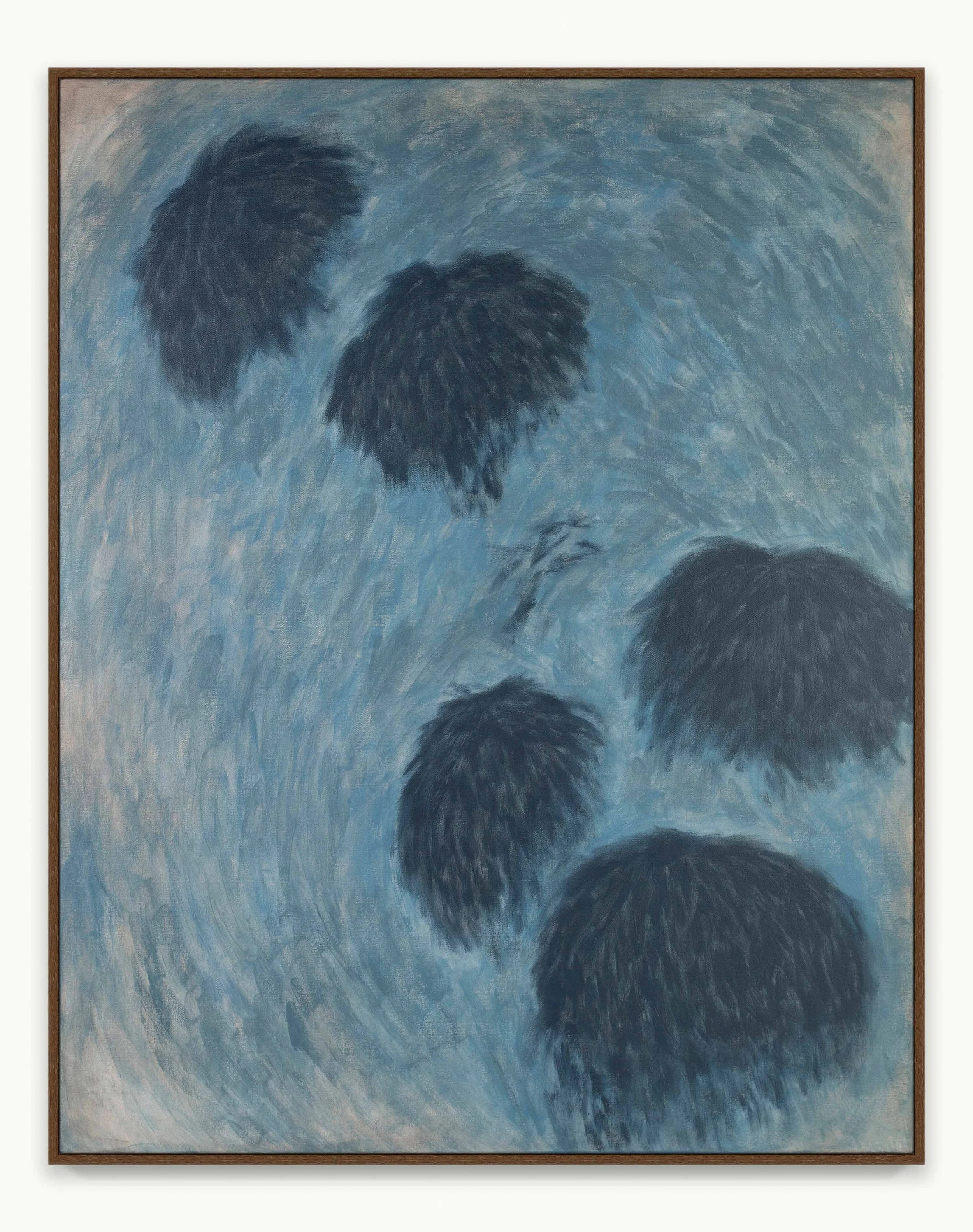 Abstract painting in muted blues and deeper tones with gentle descending rhythms and soft cascading forms. The surface evokes evening light fading into shadow, with a quiet, contemplative atmosphere shaped by transition and stillness.