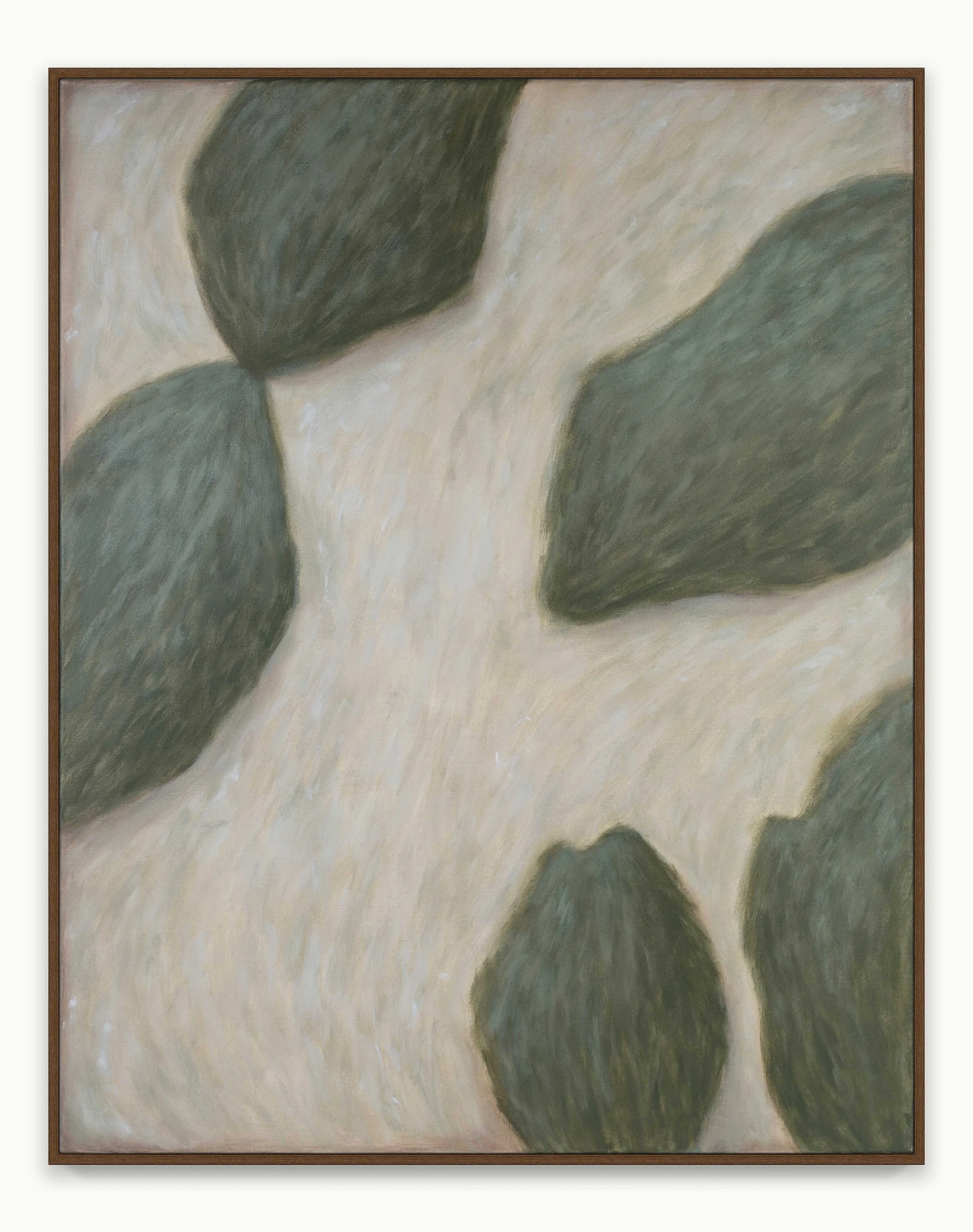 Abstract painting with layered acrylic marks, warm greens, and quiet tonal passages that shift between density and openness. Suspended forms and filtered light suggest the shelter of the forest and a deeply present, grounded stillness.