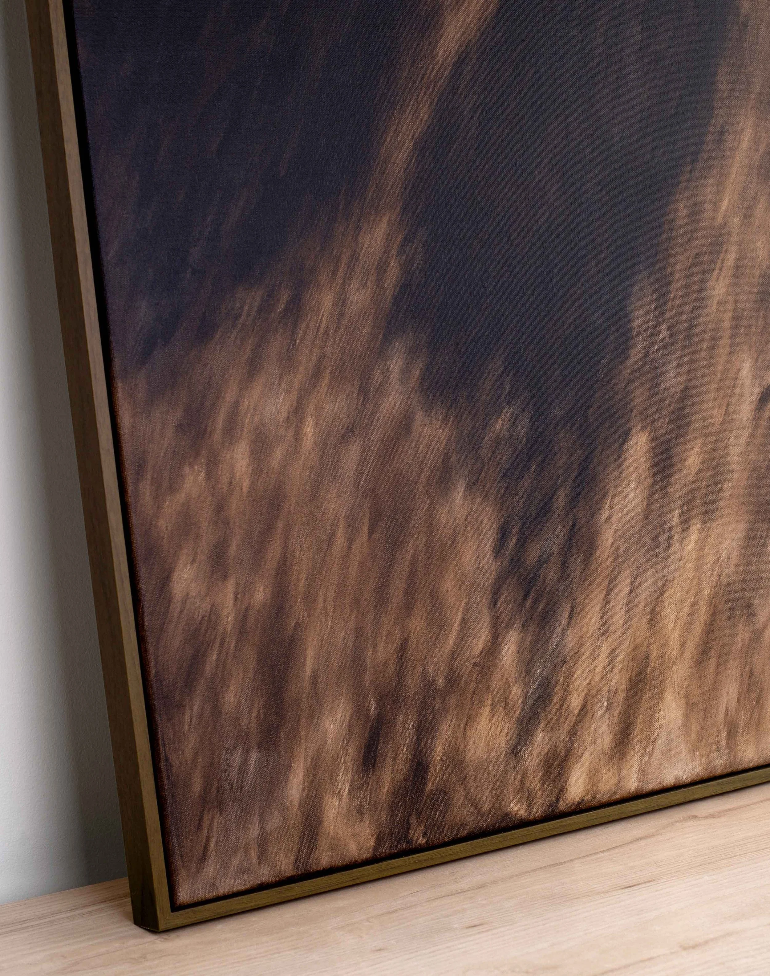 Close detail of earthy layered brushwork and dark organic forms from The Ground Held the Shape of Yesterday, showing textured surface, tonal depth, and the dense, grounded character of the painting.