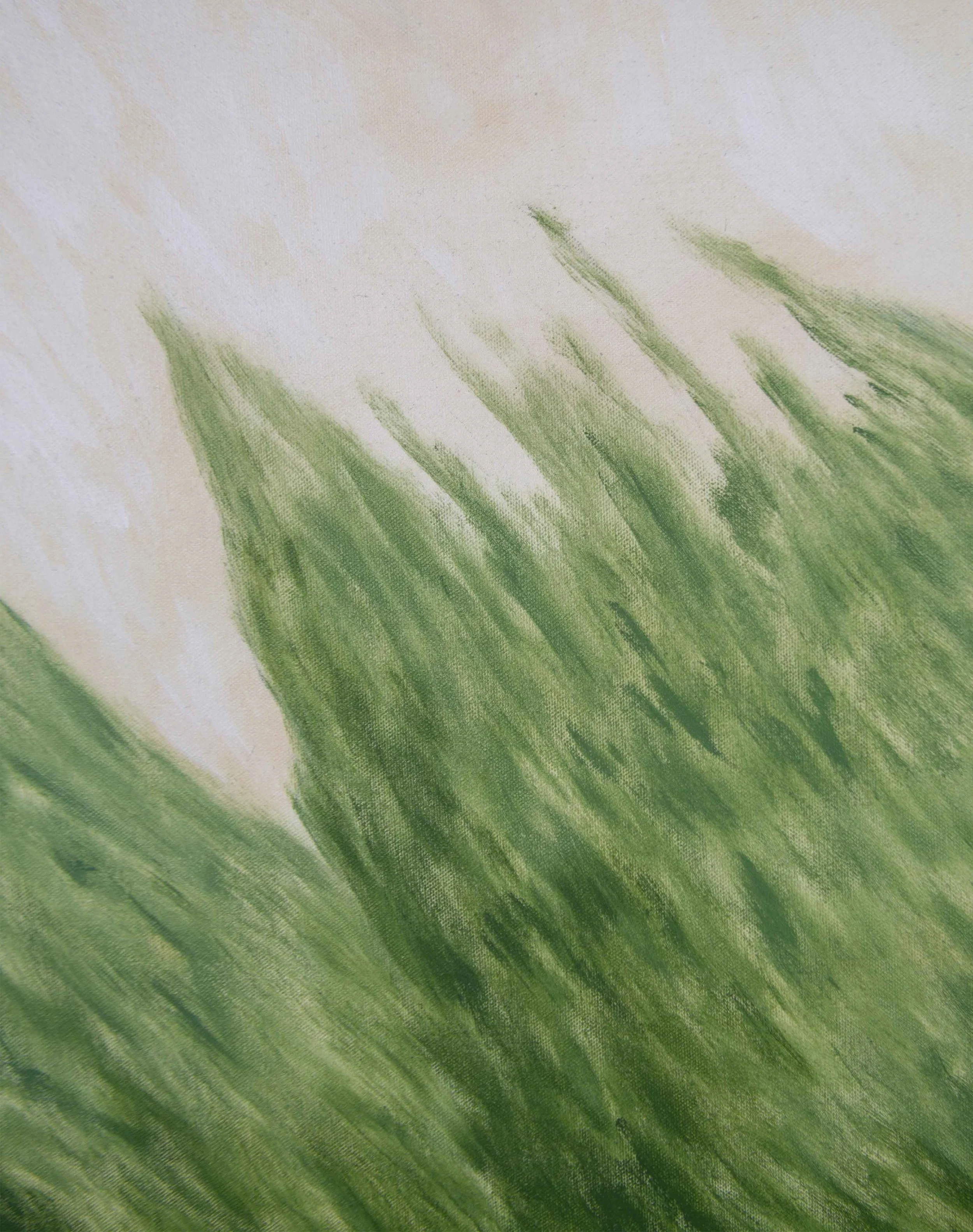 Close detail of green diagonal brushstrokes and subtle layered forms from Here and Nowhere Else, revealing tonal depth, surface texture, and the quiet balance within the composition.