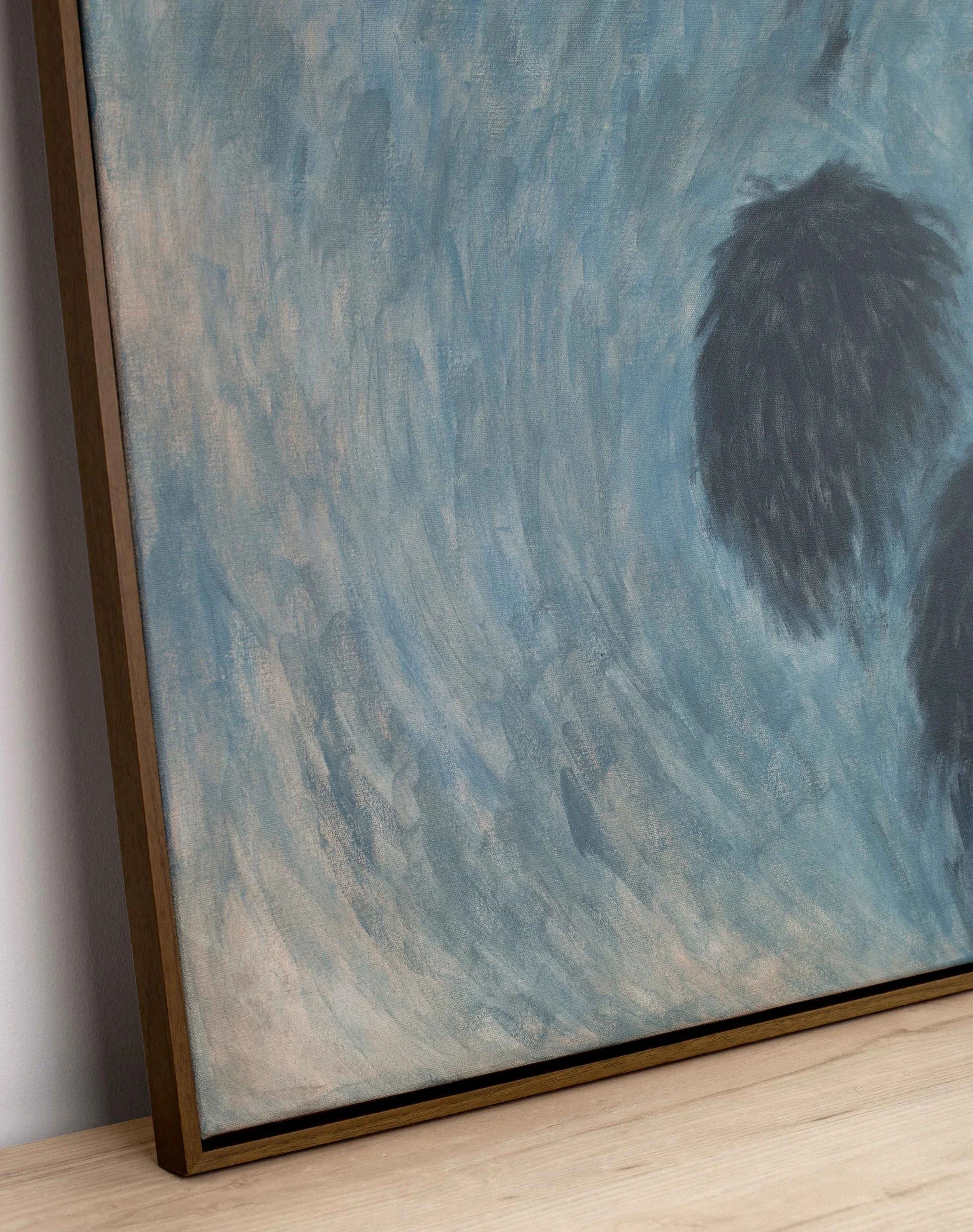 Close detail of muted blue brushwork and cascading forms from Where the Day Softens into Silence, showing soft layered texture, tonal depth, and the quiet fading movement of the painted surface.