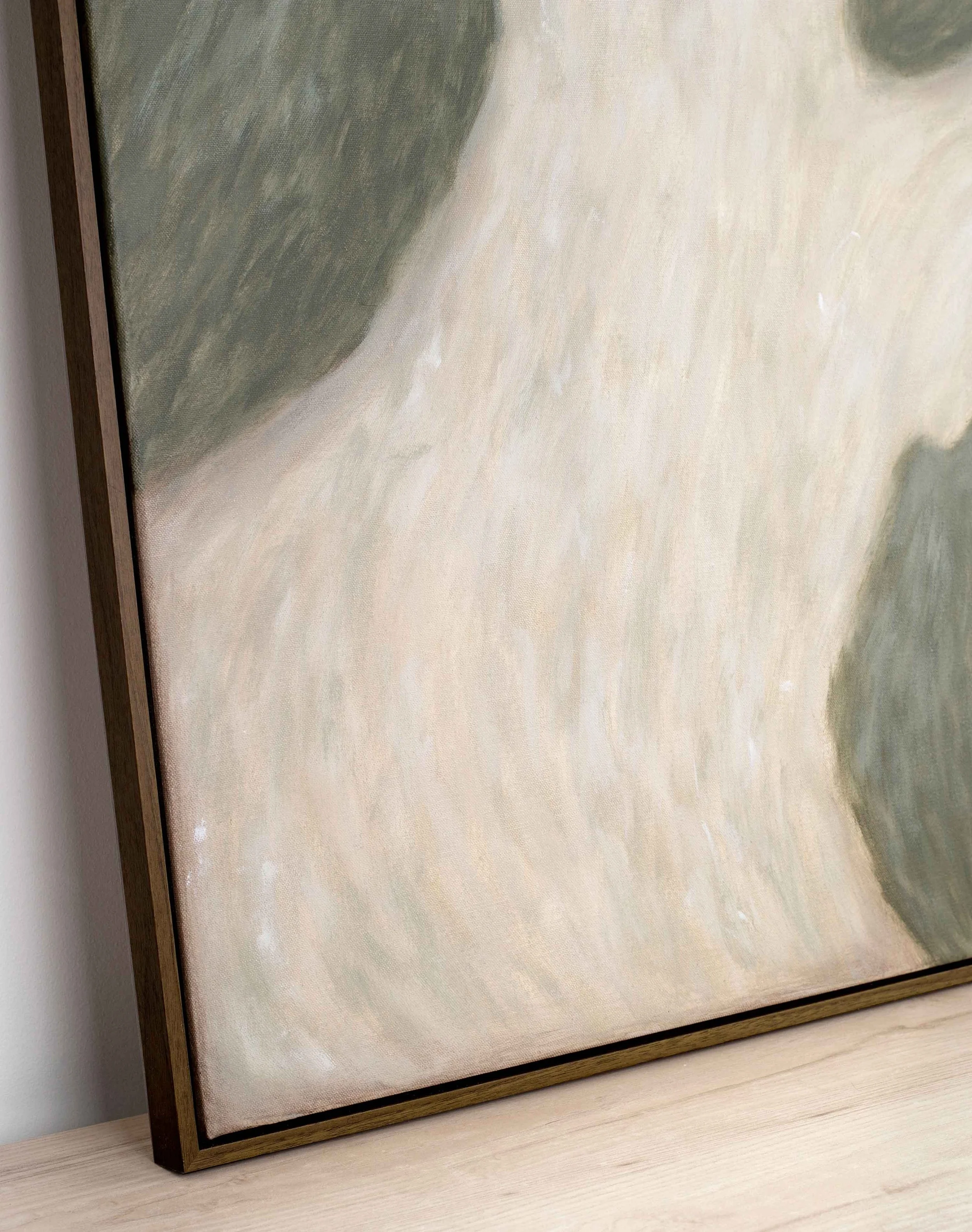 Close detail of layered green and earthy brushwork from The Gentle Weight of Simply Being Here, showing textured acrylic surface, suspended forms, and soft passages of filtered light.