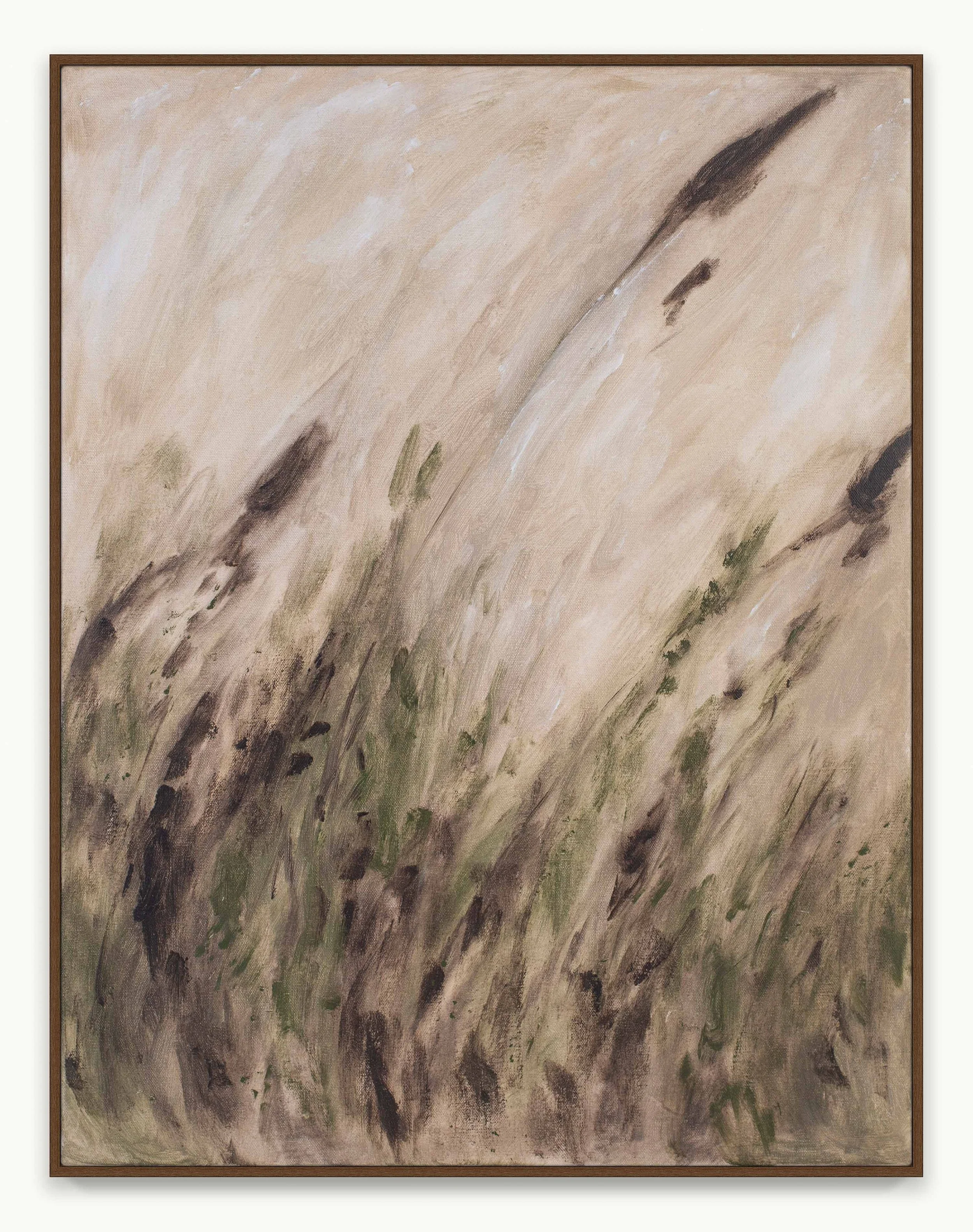 Abstract painting with interlaced marks, textured layers, warm browns, and muted greens pressed closely together. The compact composition suggests grasses in motion, meadow light, and the quiet transition from summer into autumn.