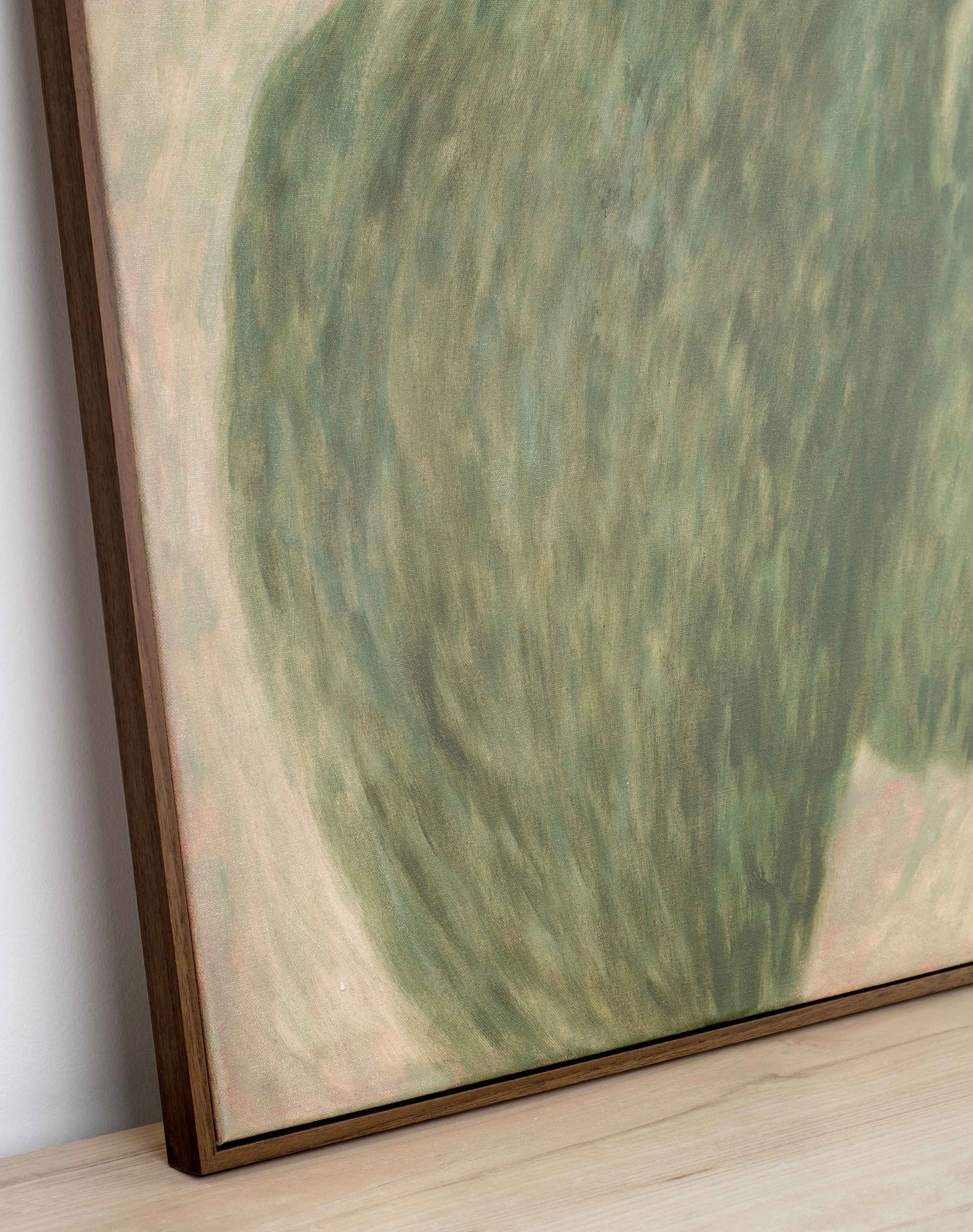 Close detail of layered green brushwork and softened diagonal marks from Breathing Slowly, Trees Swaying, showing textured acrylic surface, subtle tonal variation, and the movement of paint across the canvas.